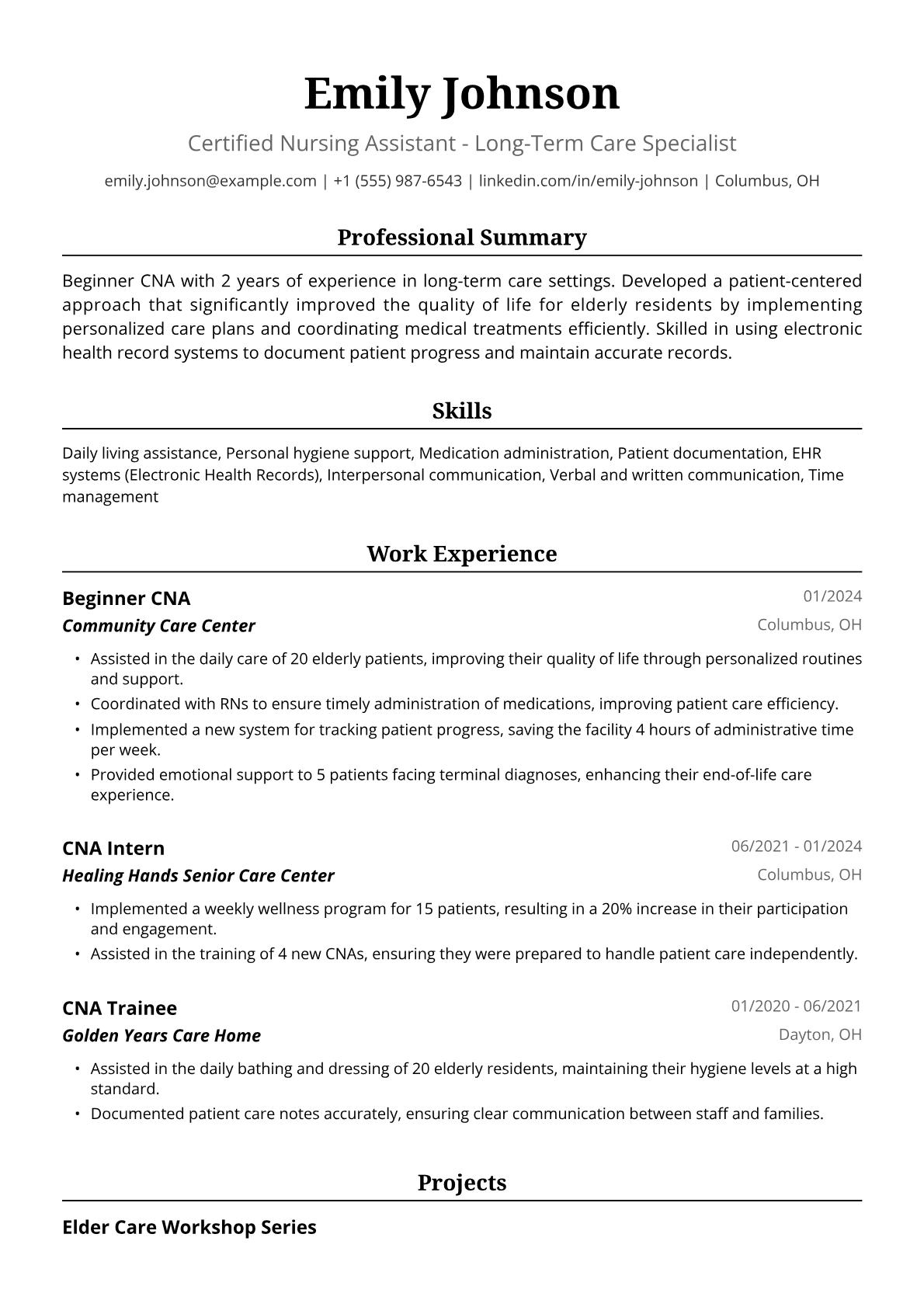 Beginner CNA Resume Example