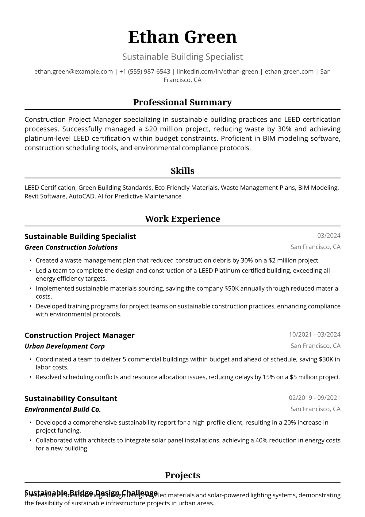 Construction Resume Example