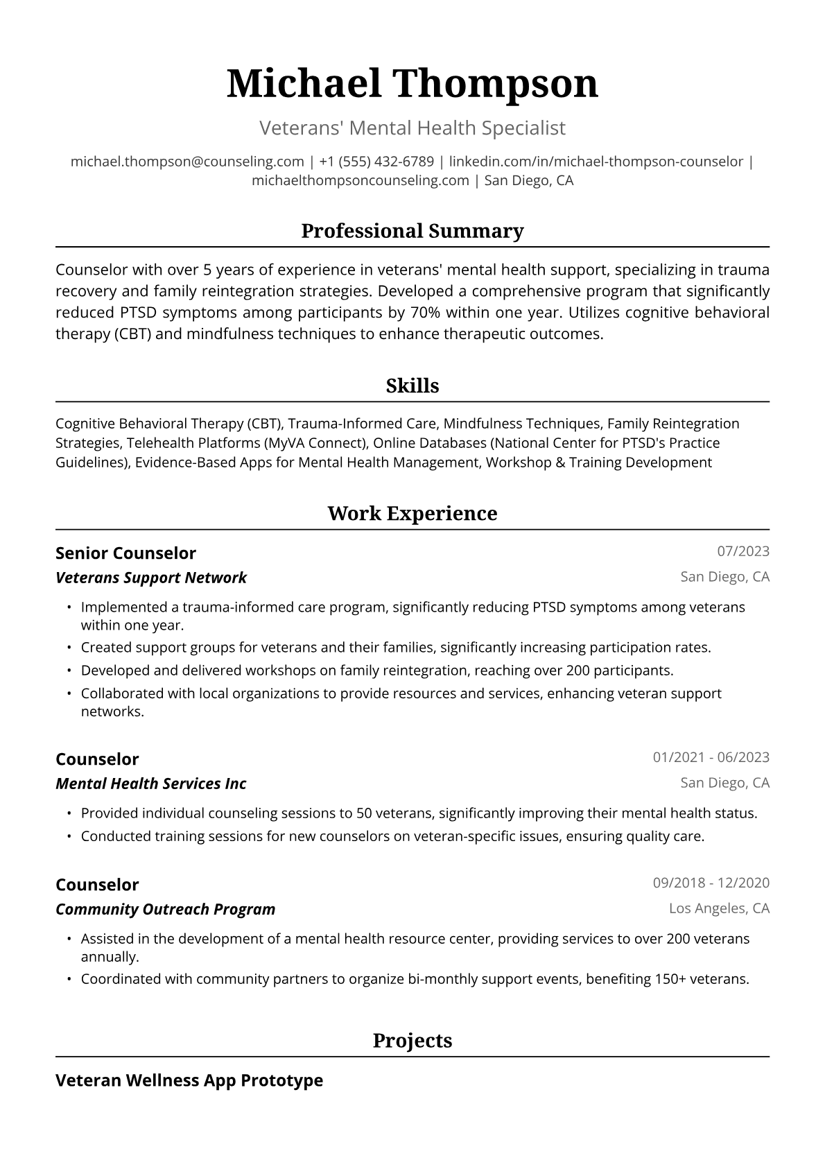 Counselor Resume Example