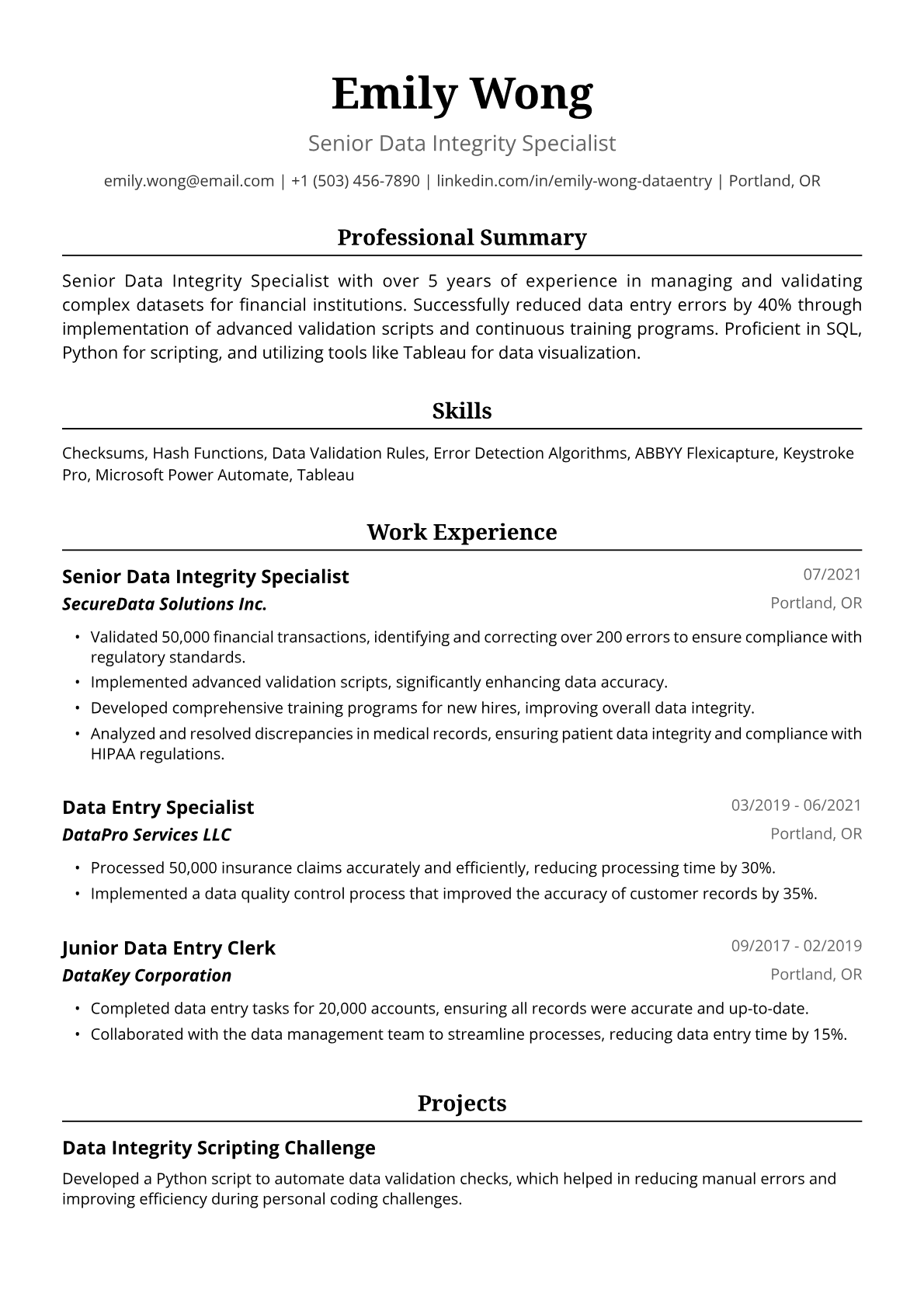 Data Entry Resume Example