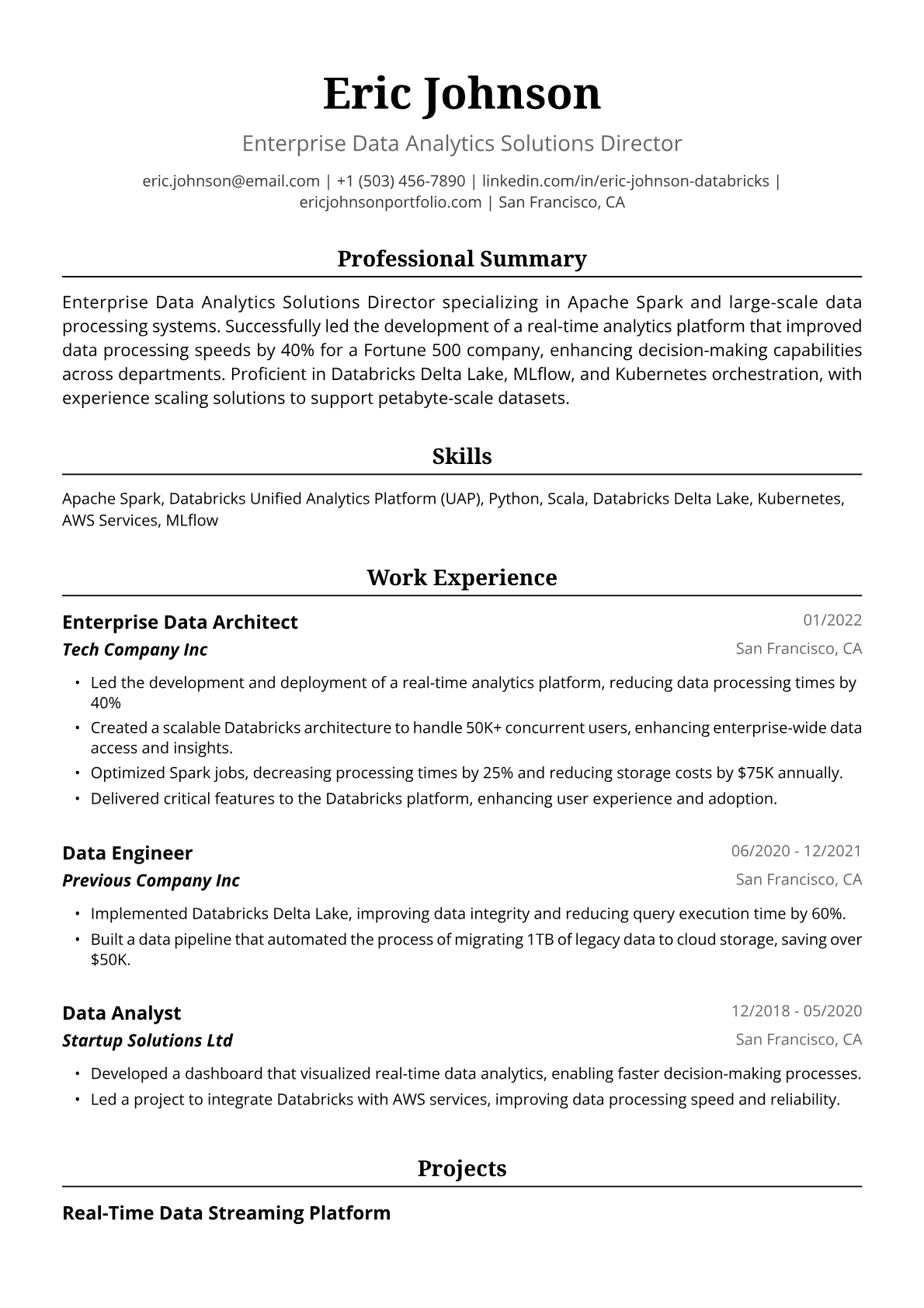 Databricks Resume Example
