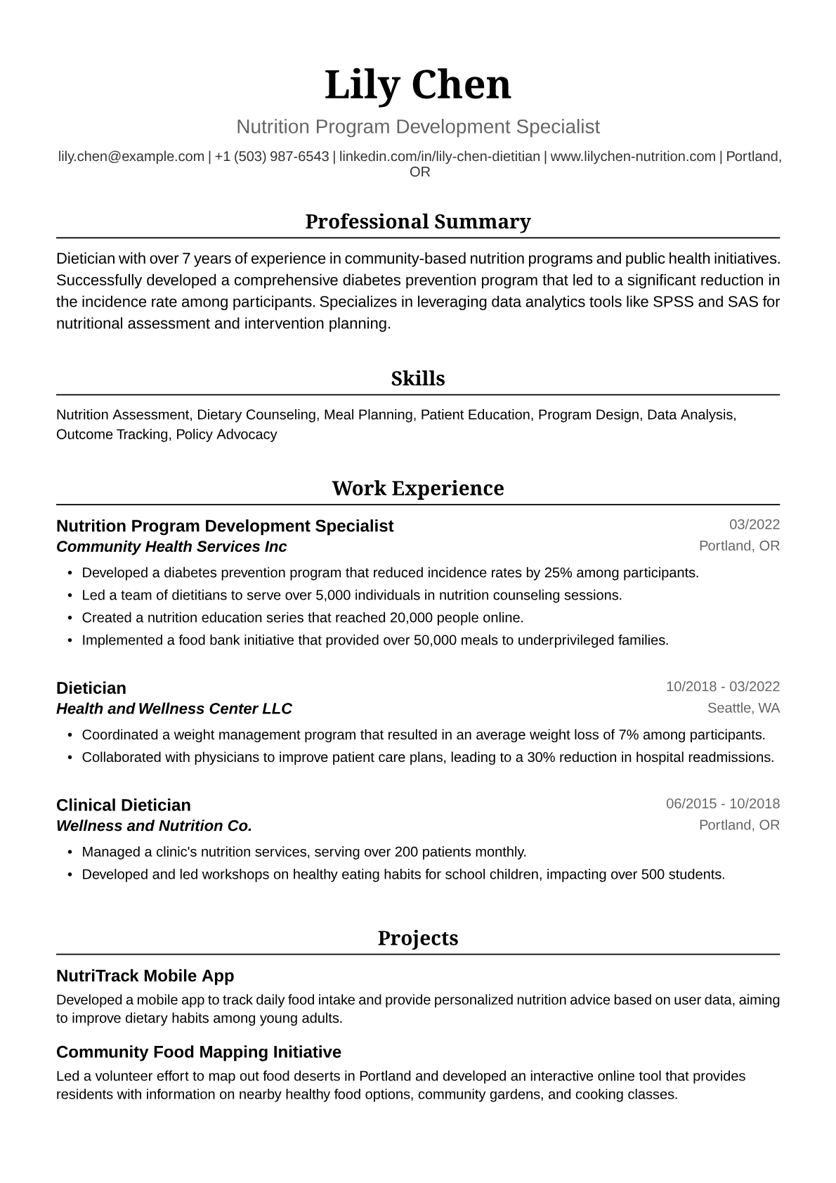 Dietician Resume Example