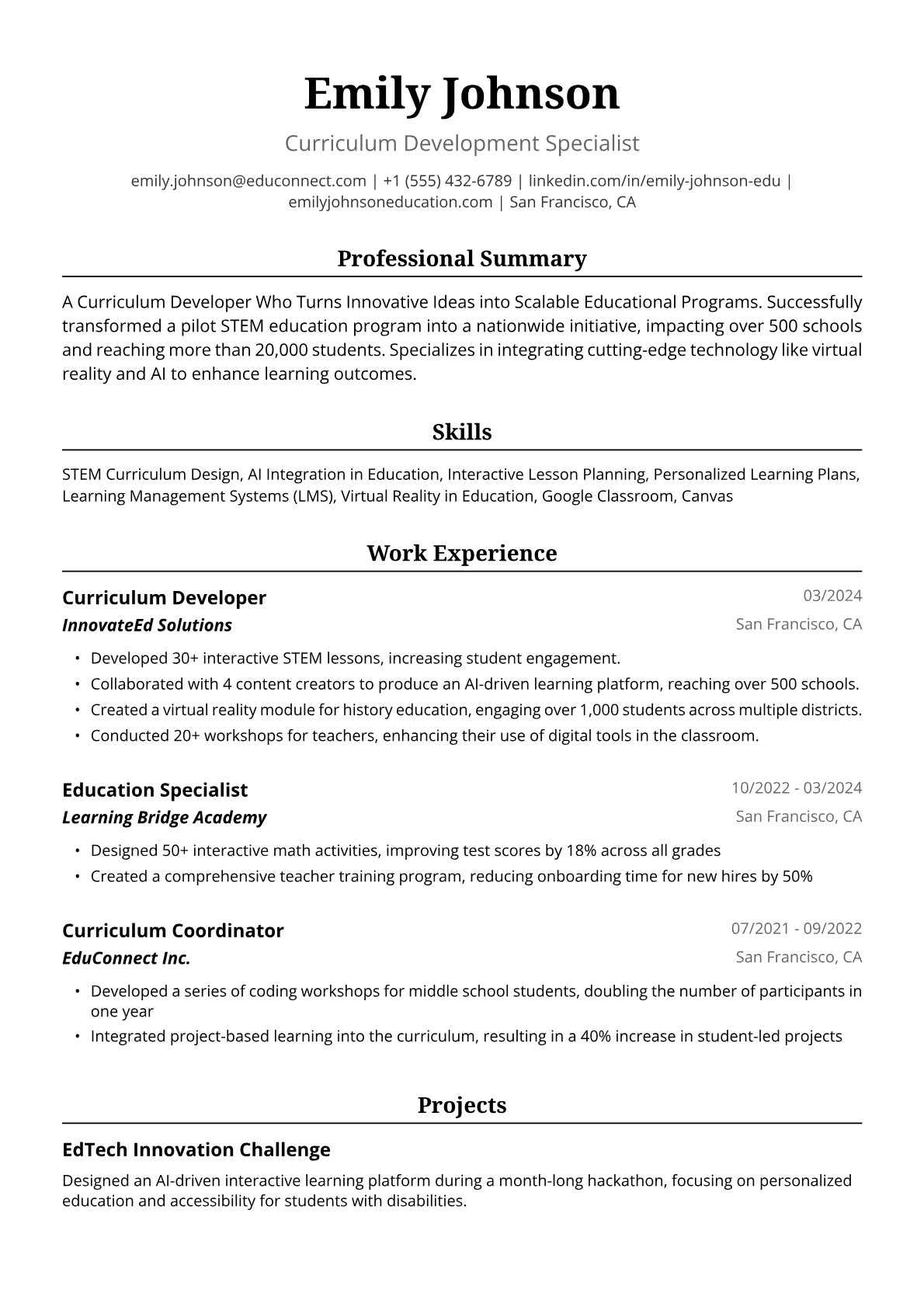 Education Resume Example
