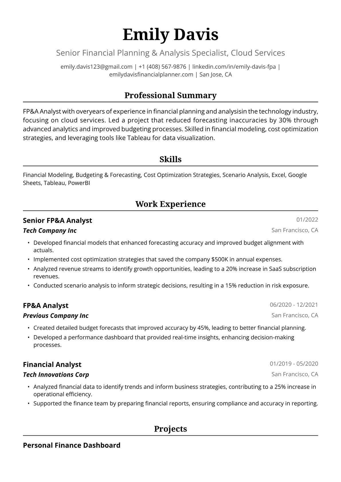FP&A Analyst Resume Example