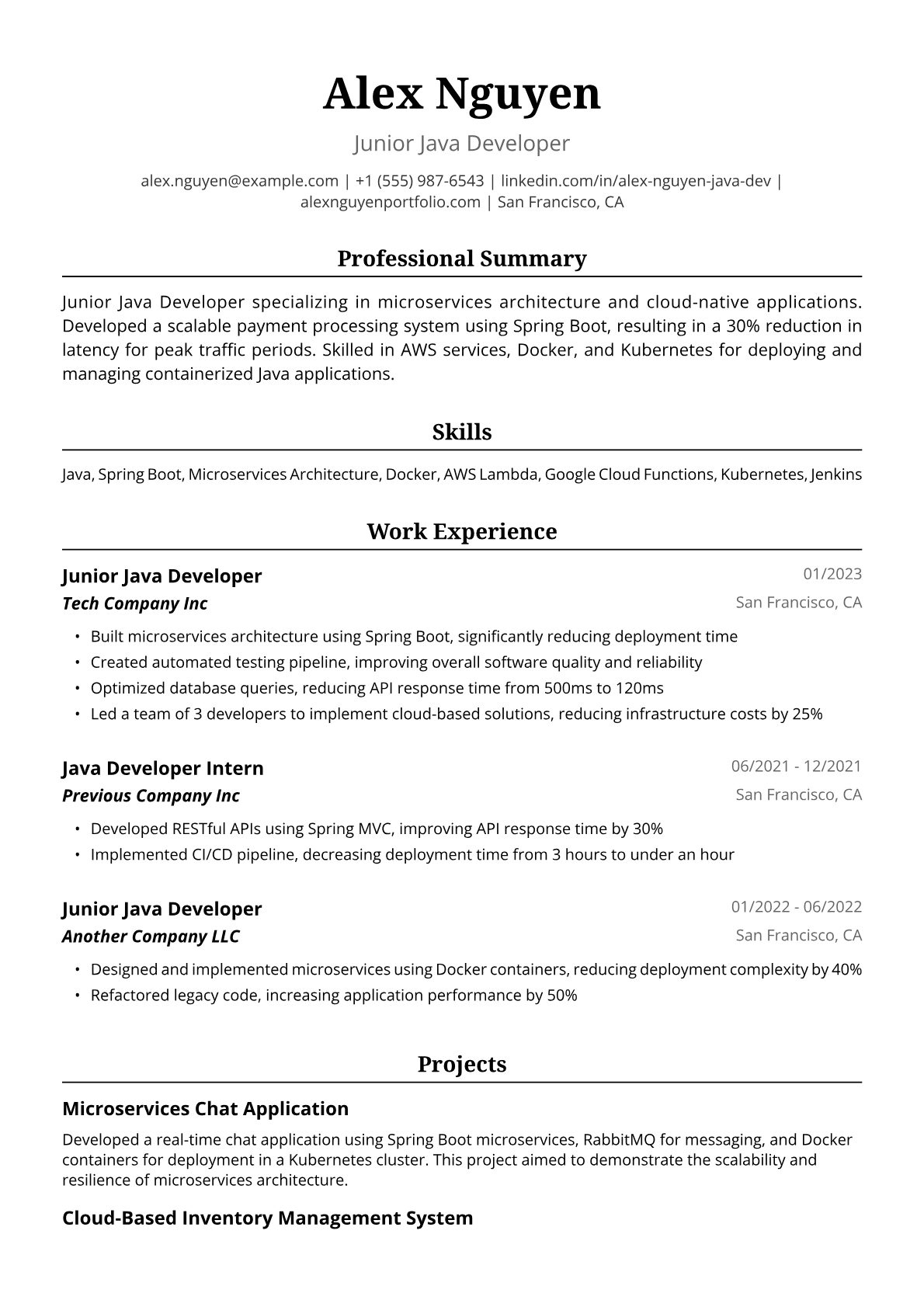 Fresher Java Resume Example