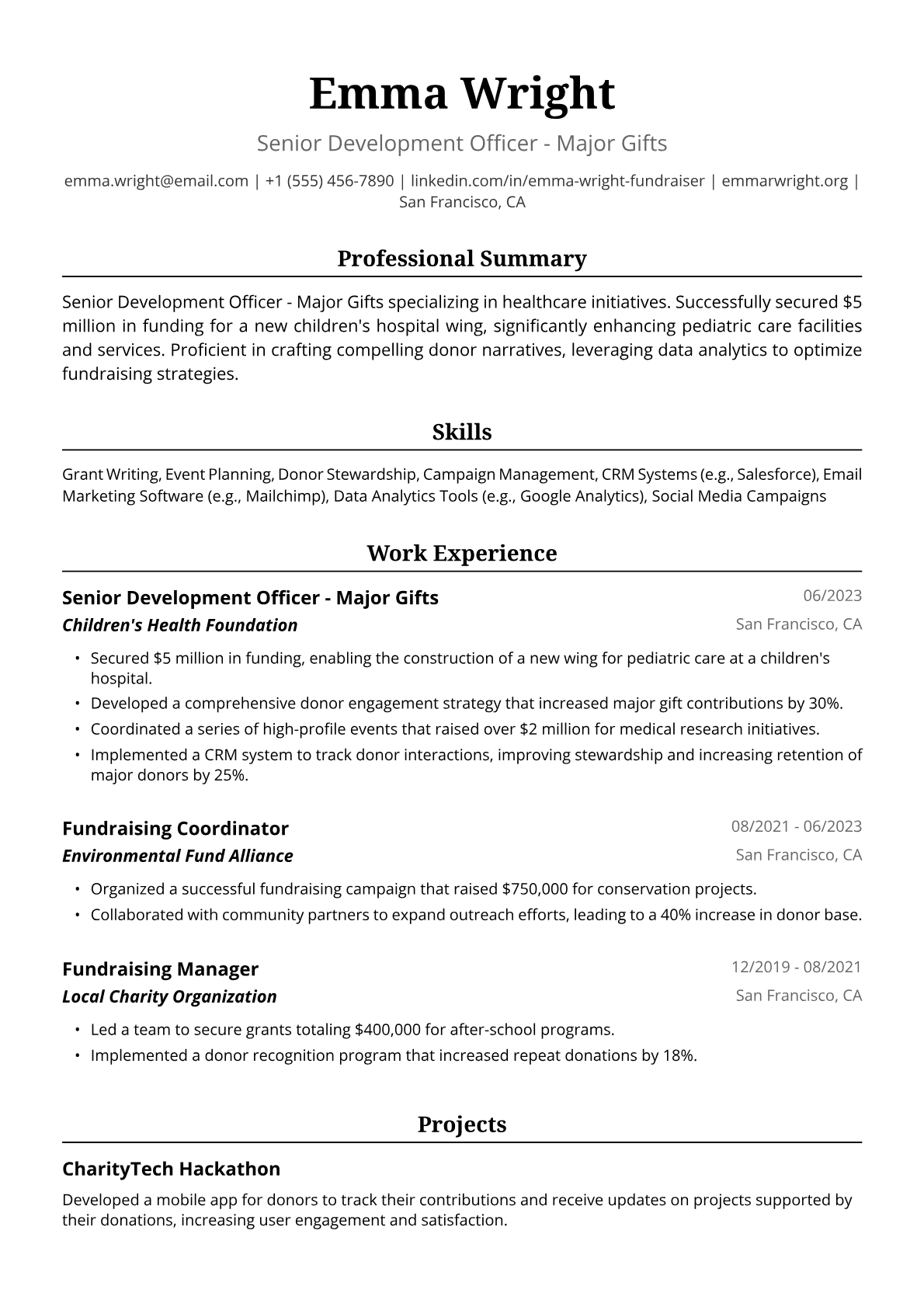 Fundraising Resume Example