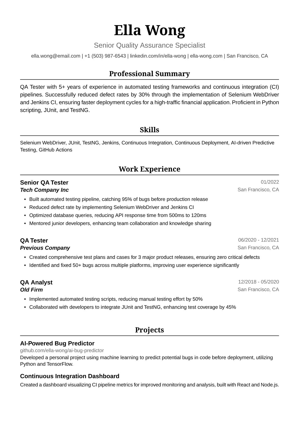 QA Tester Resume Example