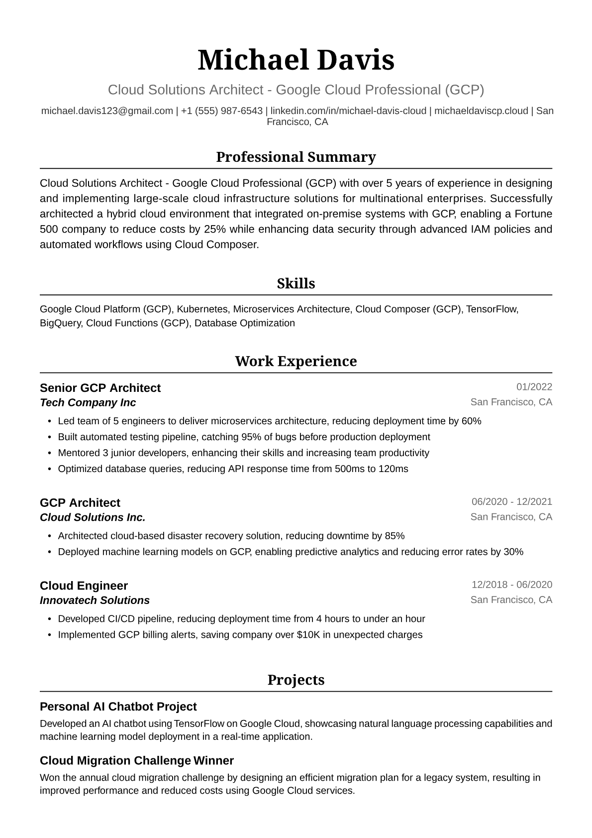 GCP Resume Example