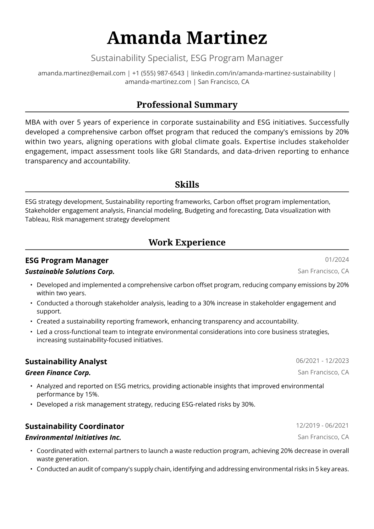 MBA Resume Example