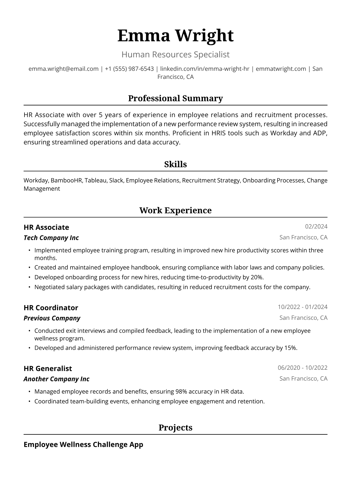 HR Associate Resume Example
