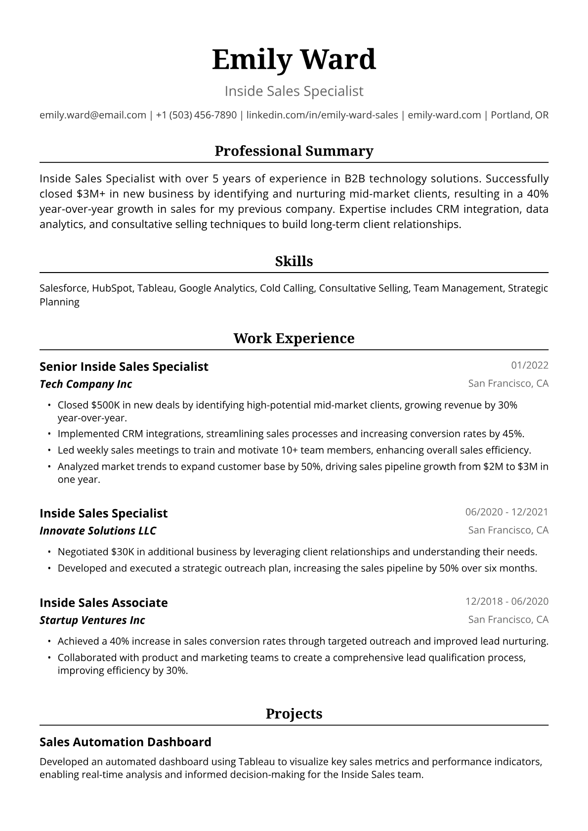 Inside Sales Resume Example
