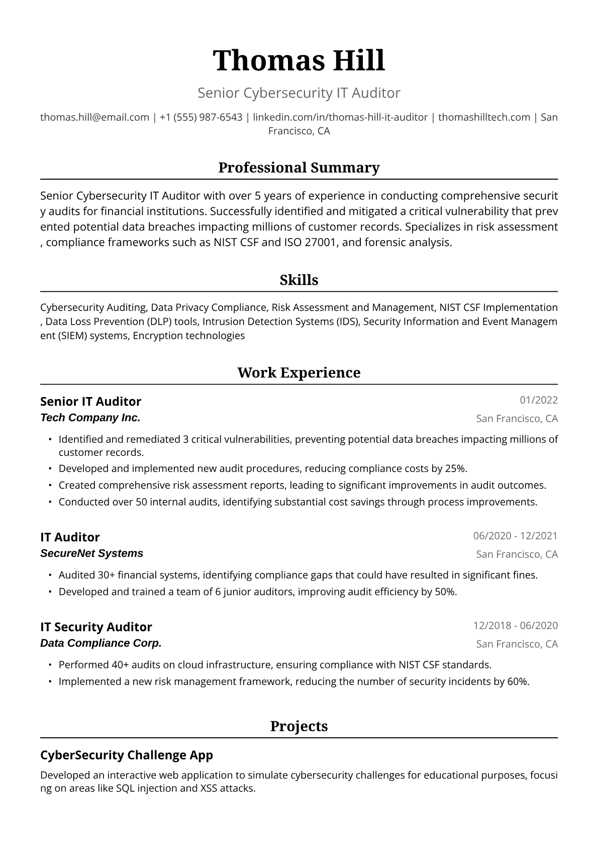 IT Auditor Resume Example