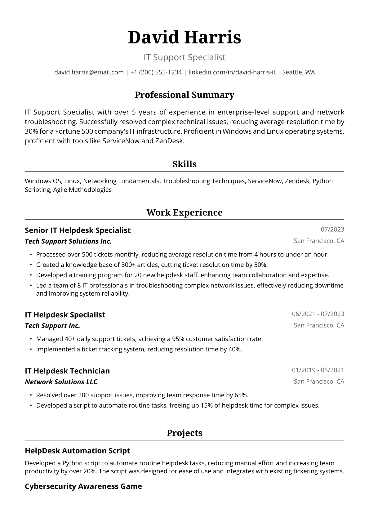 IT Helpdesk Resume Example