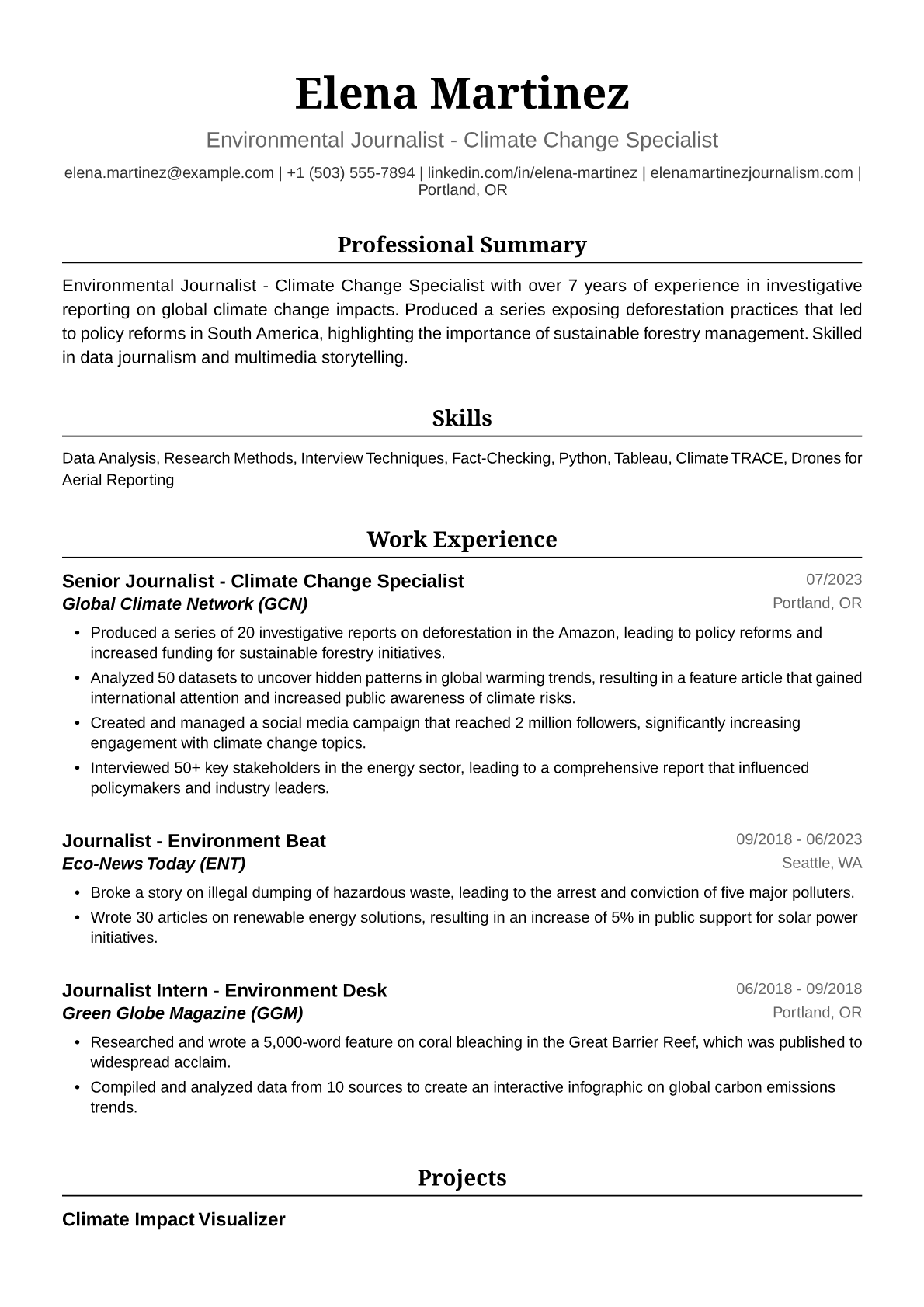 Journalist Resume Example