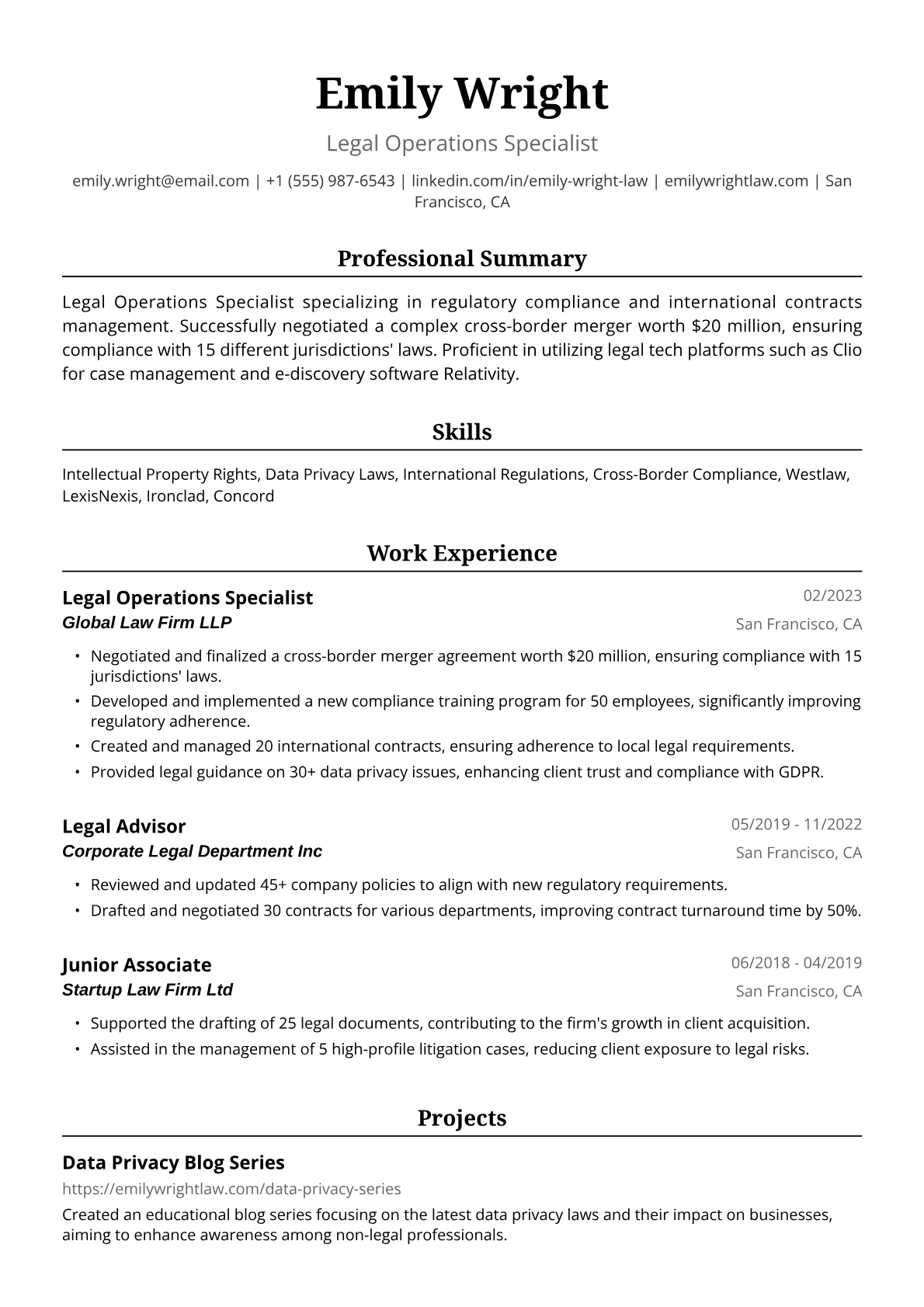 Law Resume Example