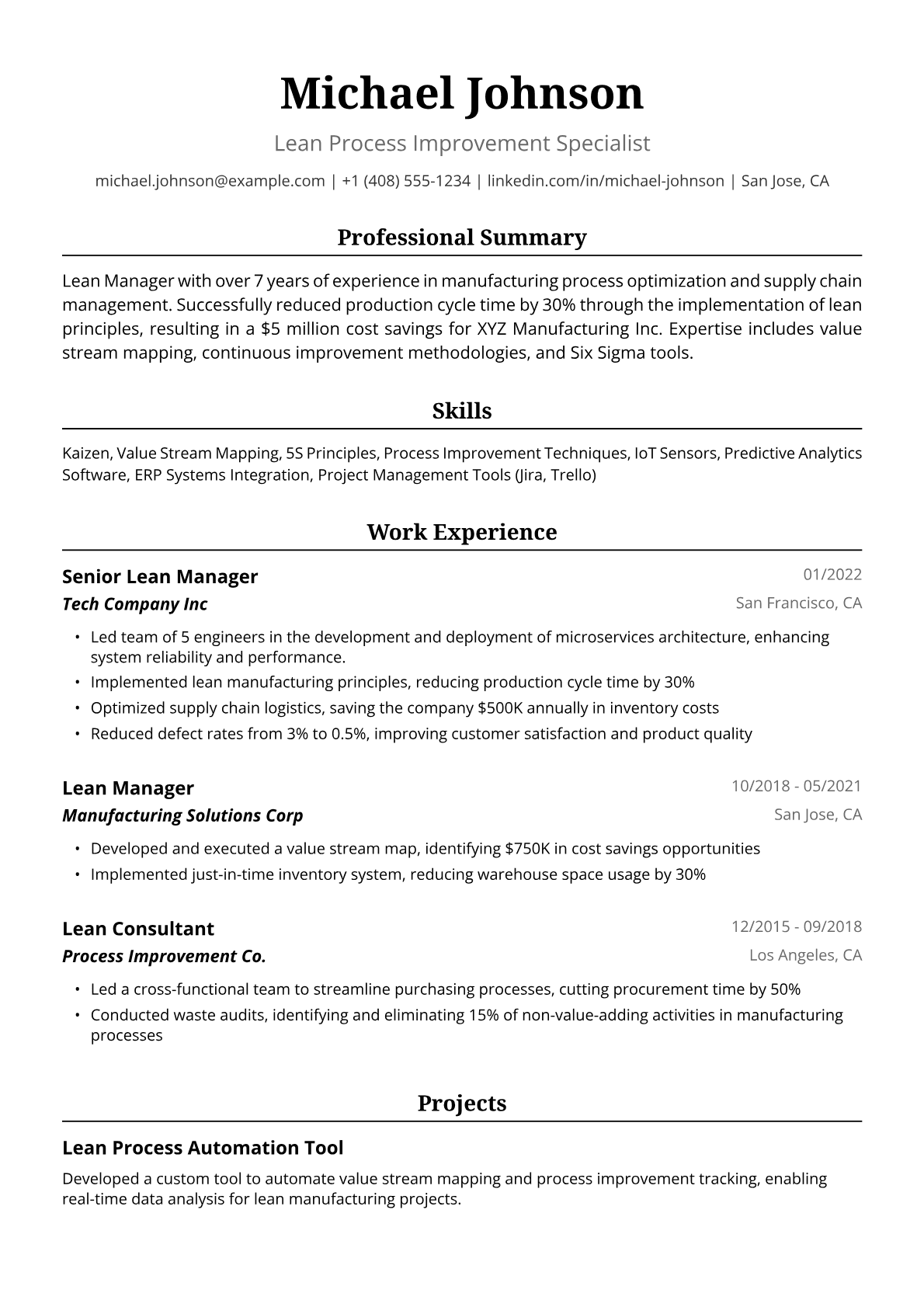 Lean Manager Resume Example