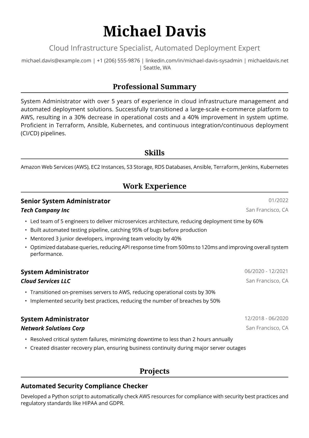 System Administrator Resume Example