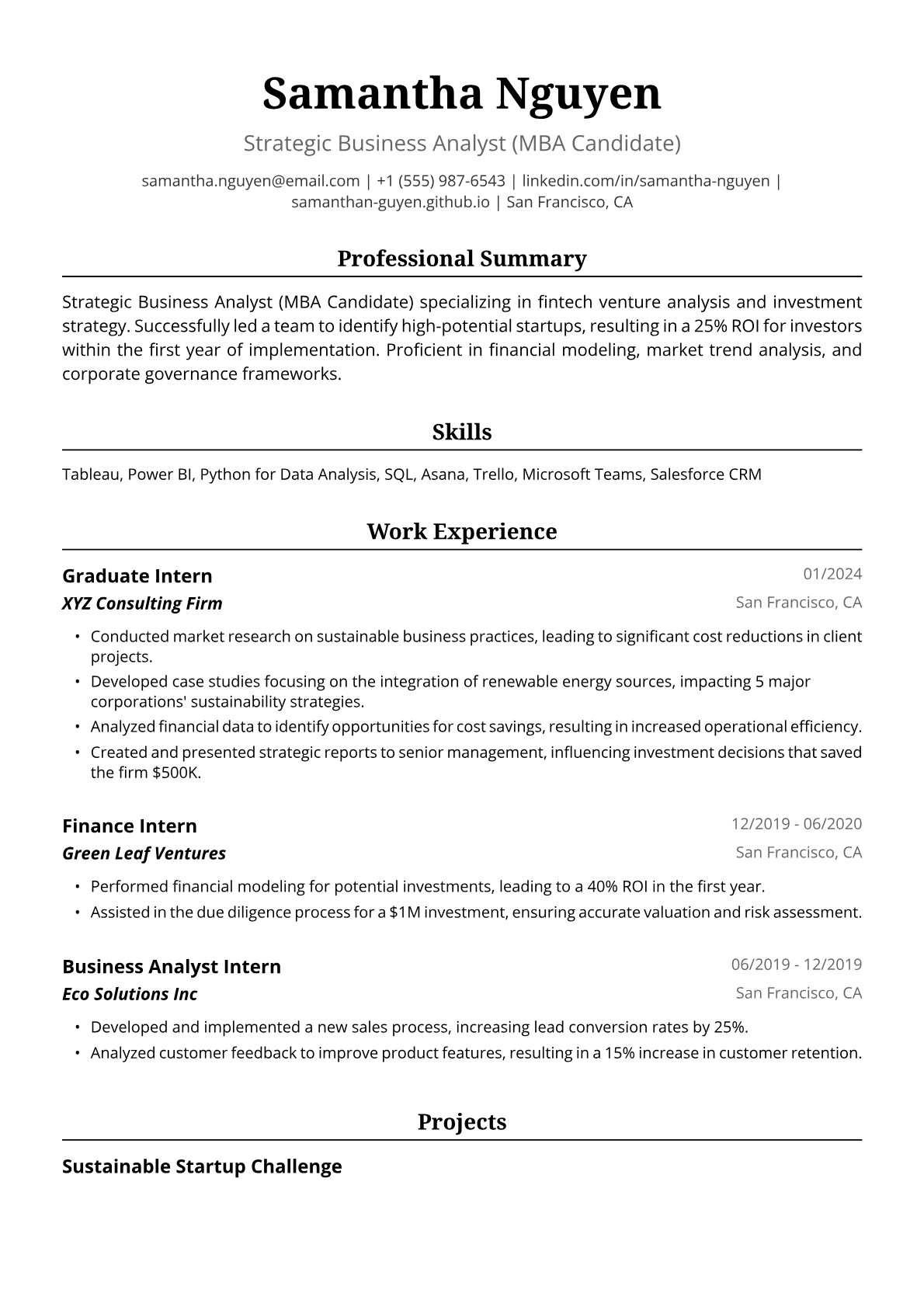 MBA Student Resume Example
