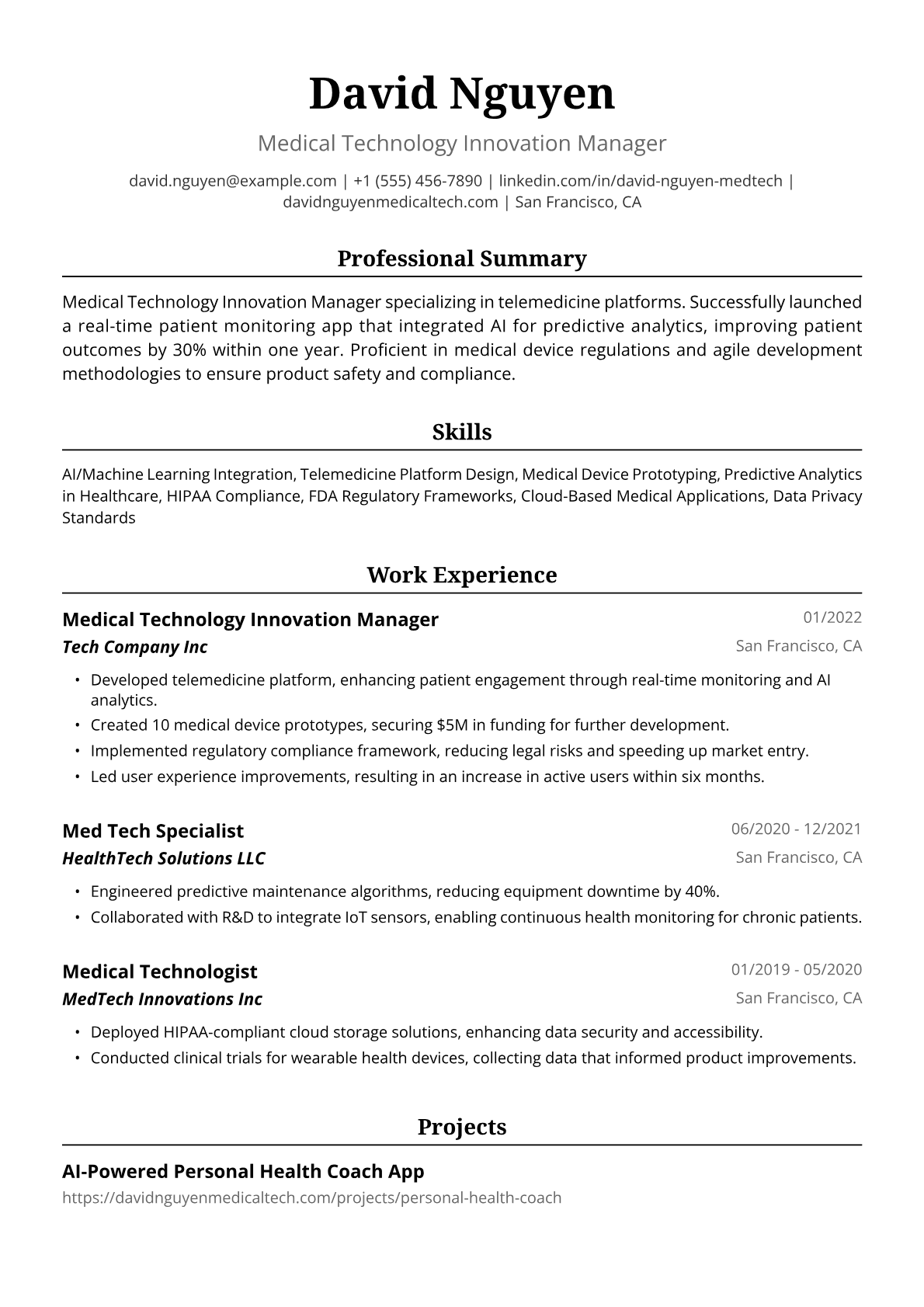 Med Tech Resume Example