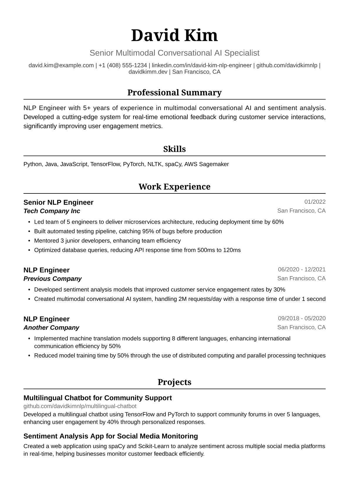 NLP Engineer Resume Example