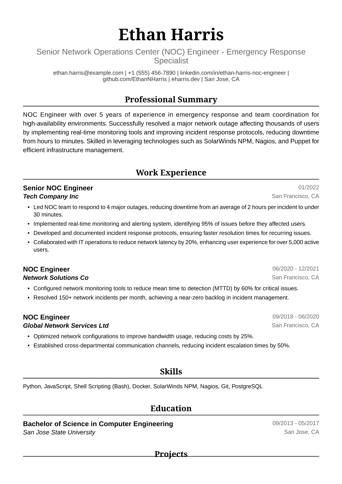 NOC Engineer Resume Example