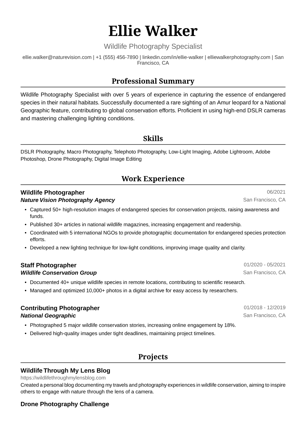 Photographer Resume Example