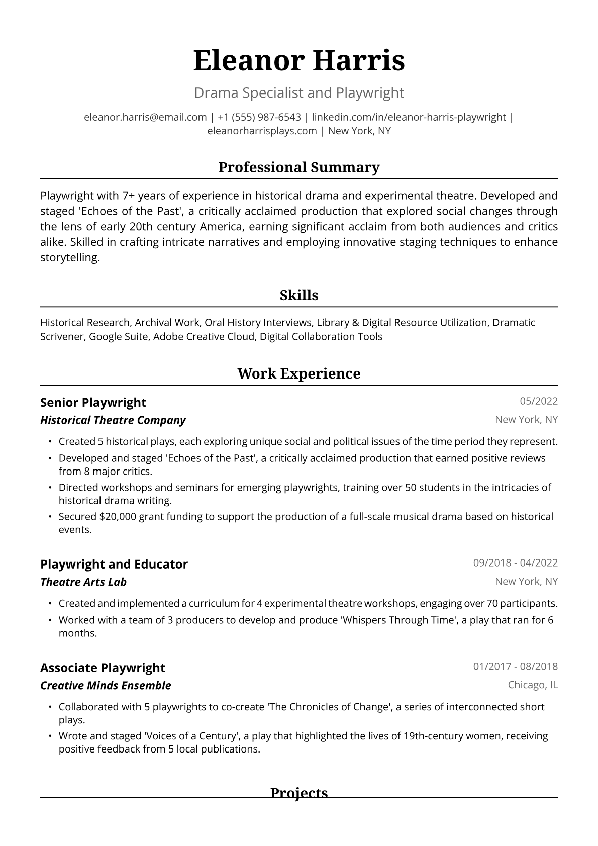 Playwright Resume Example