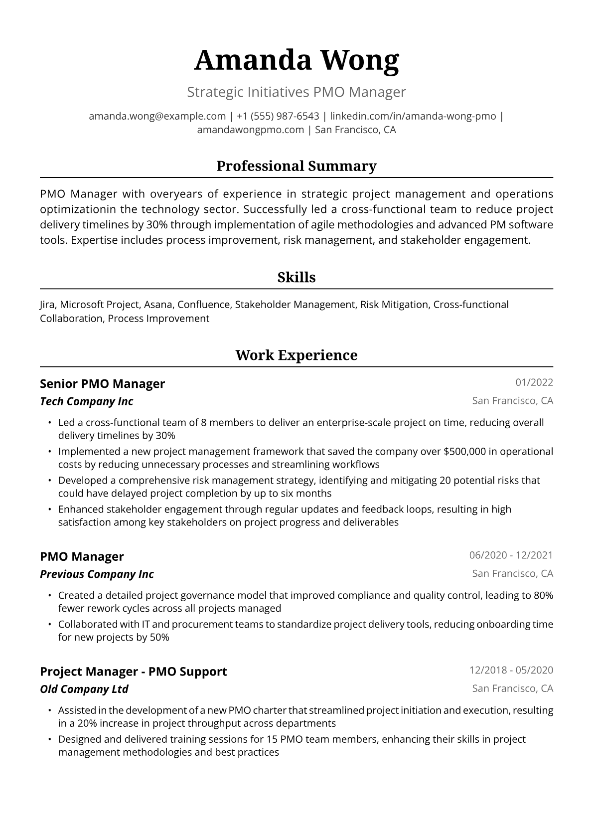 PMO Manager Resume Example