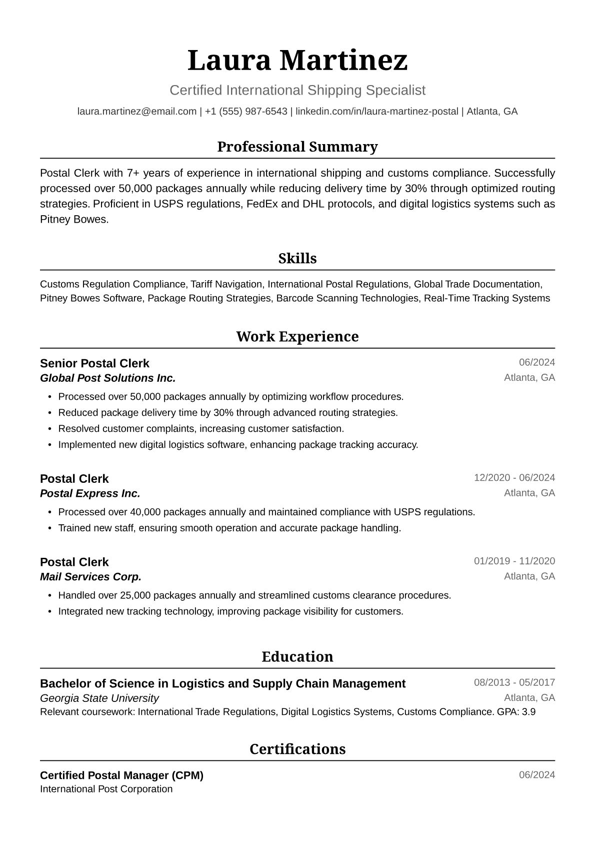 Postal Clerk Resume Example