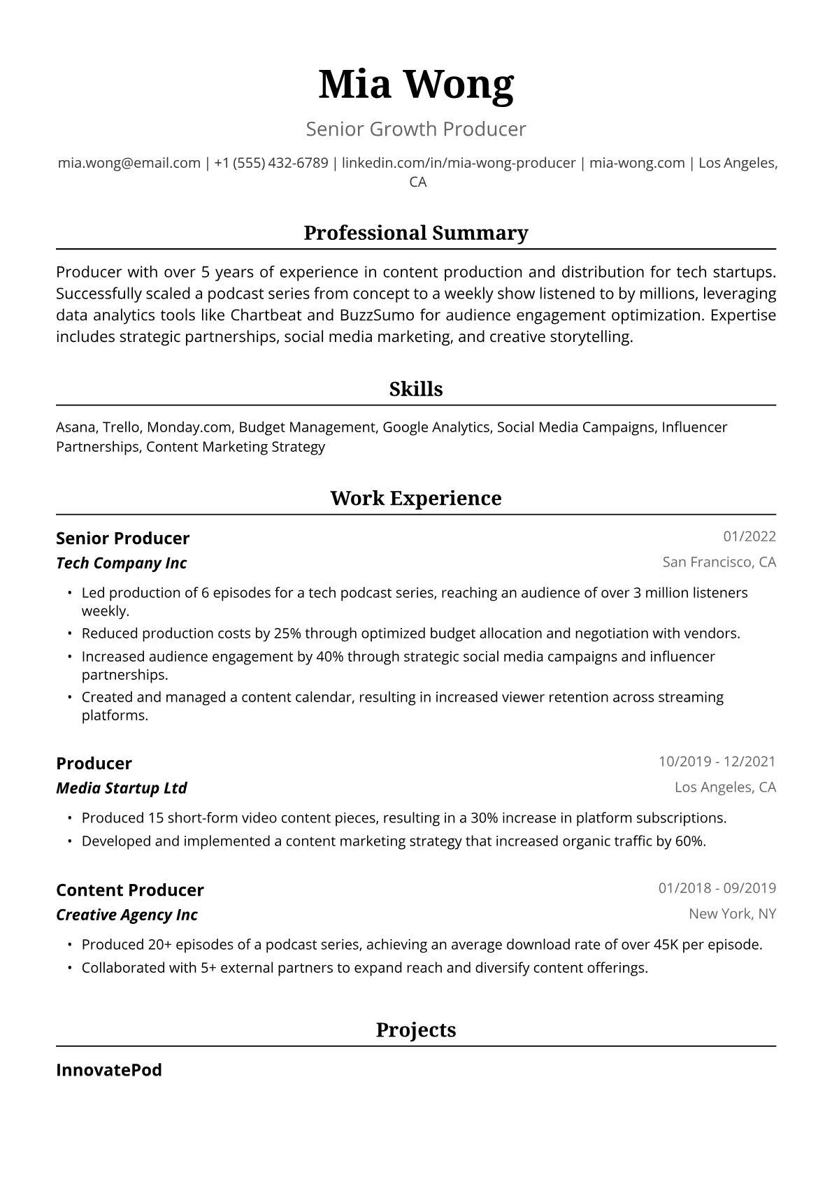 Producer Resume Example