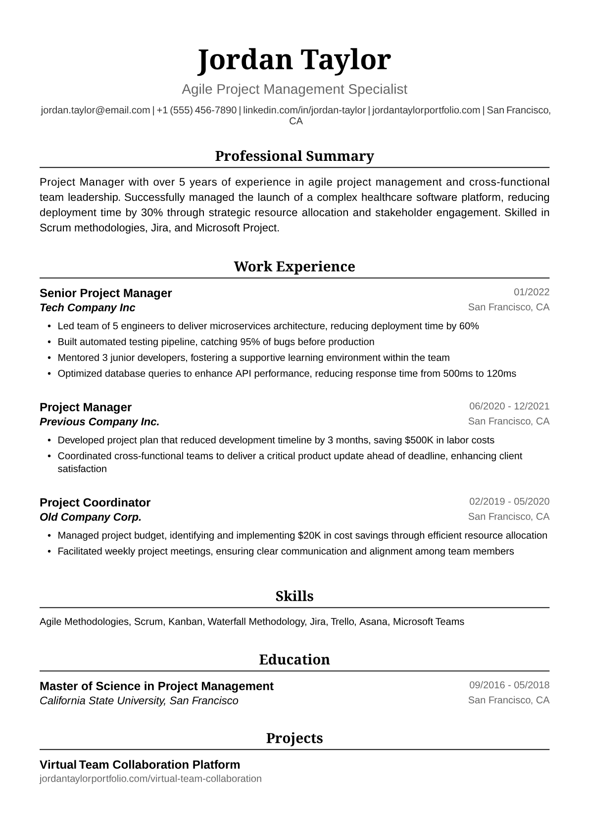 Project Manager Resume Example