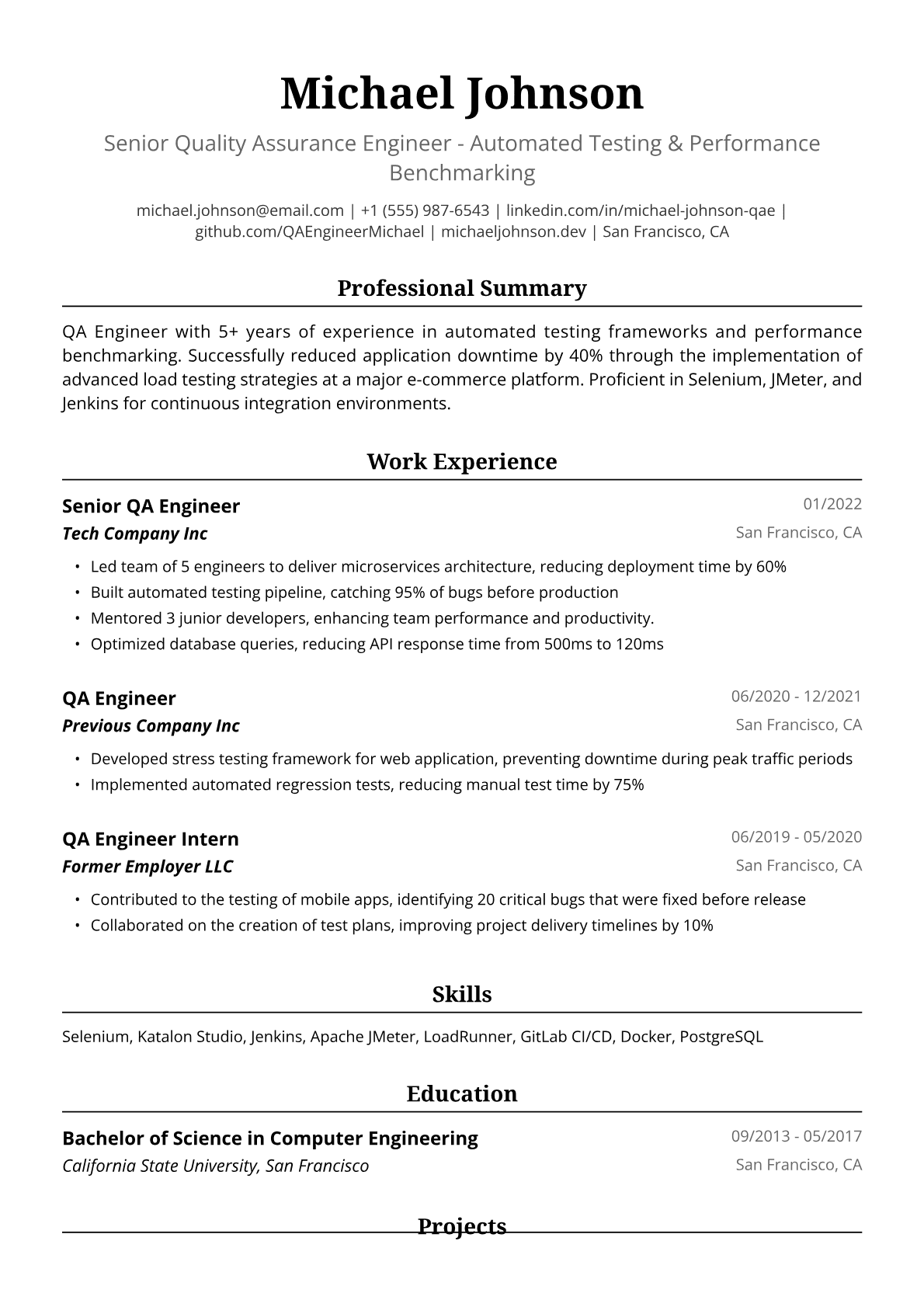 QA Engineer Resume Example