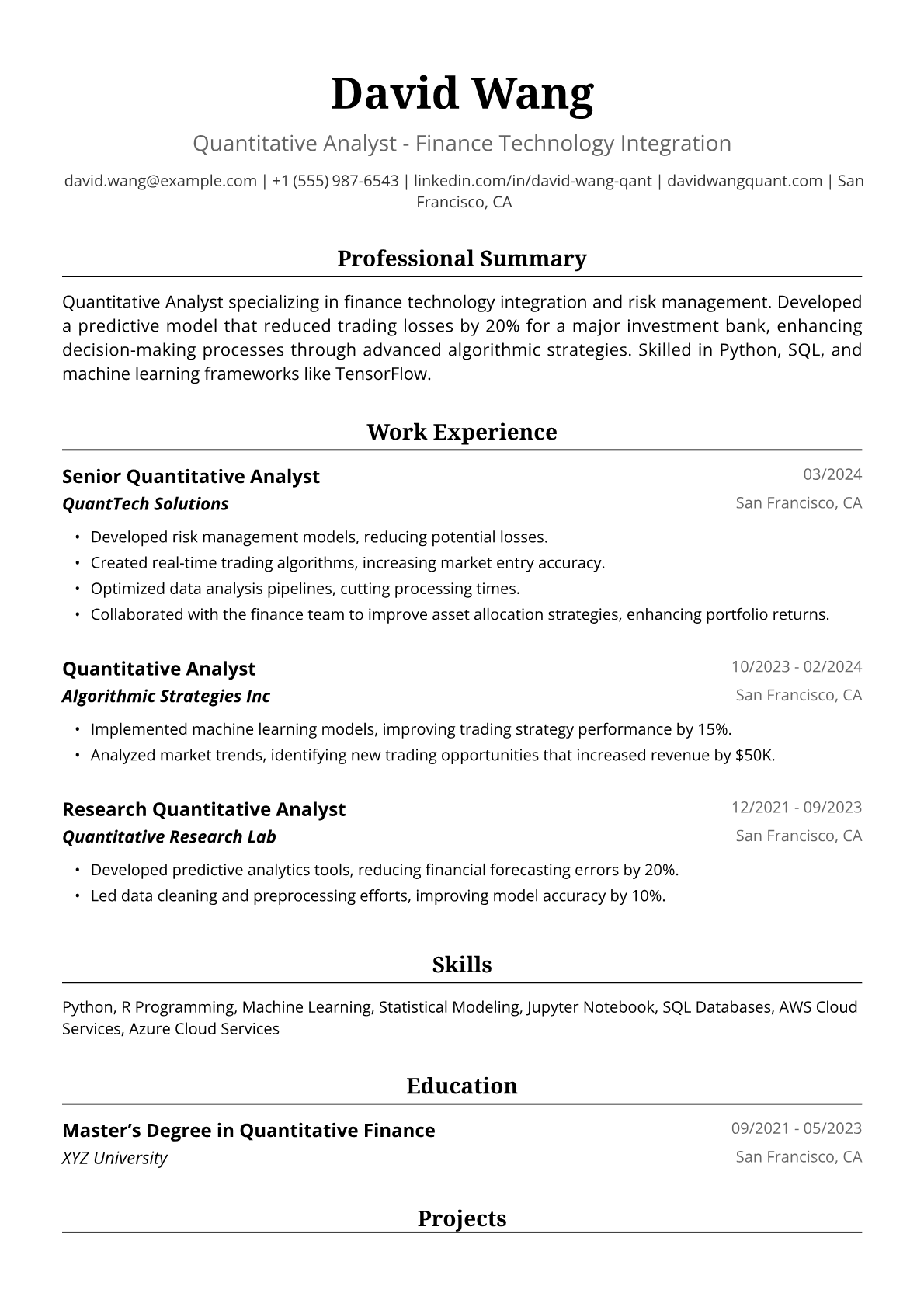 Quant Resume Example