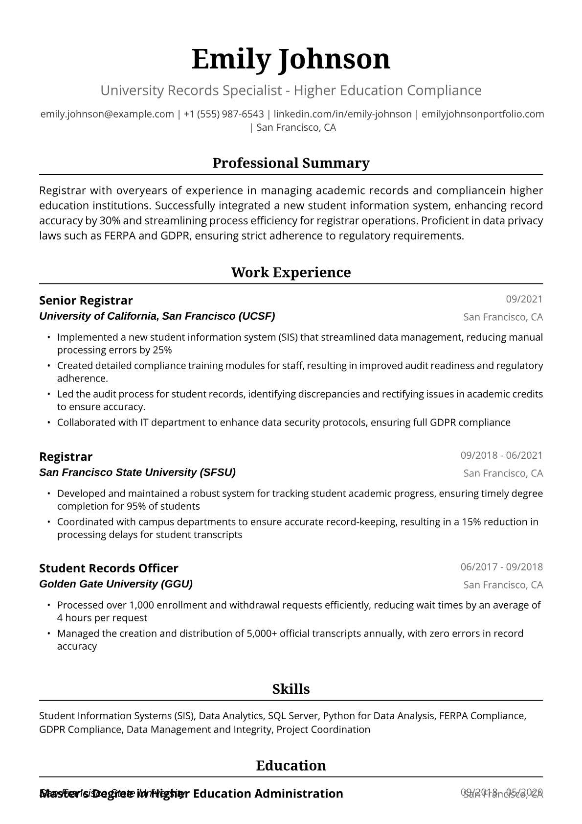 Registrar Resume Example