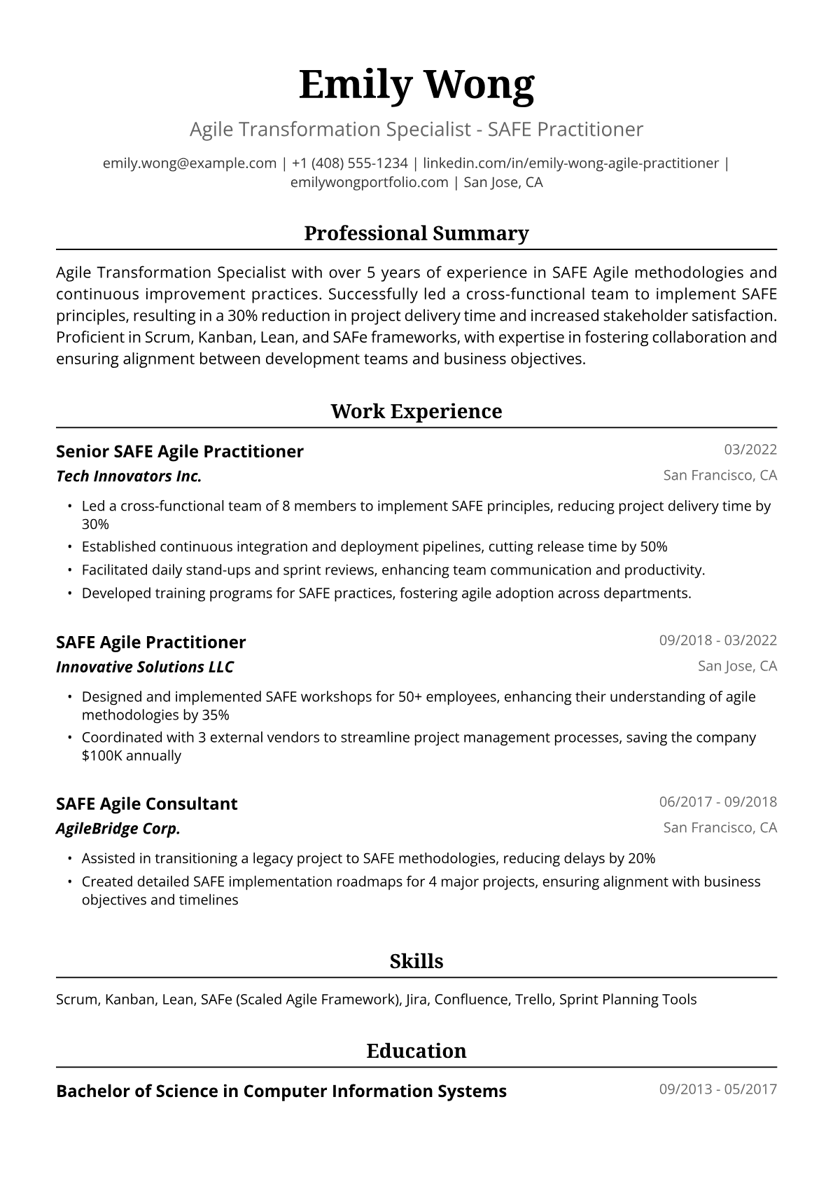SAFE Agile Resume Example