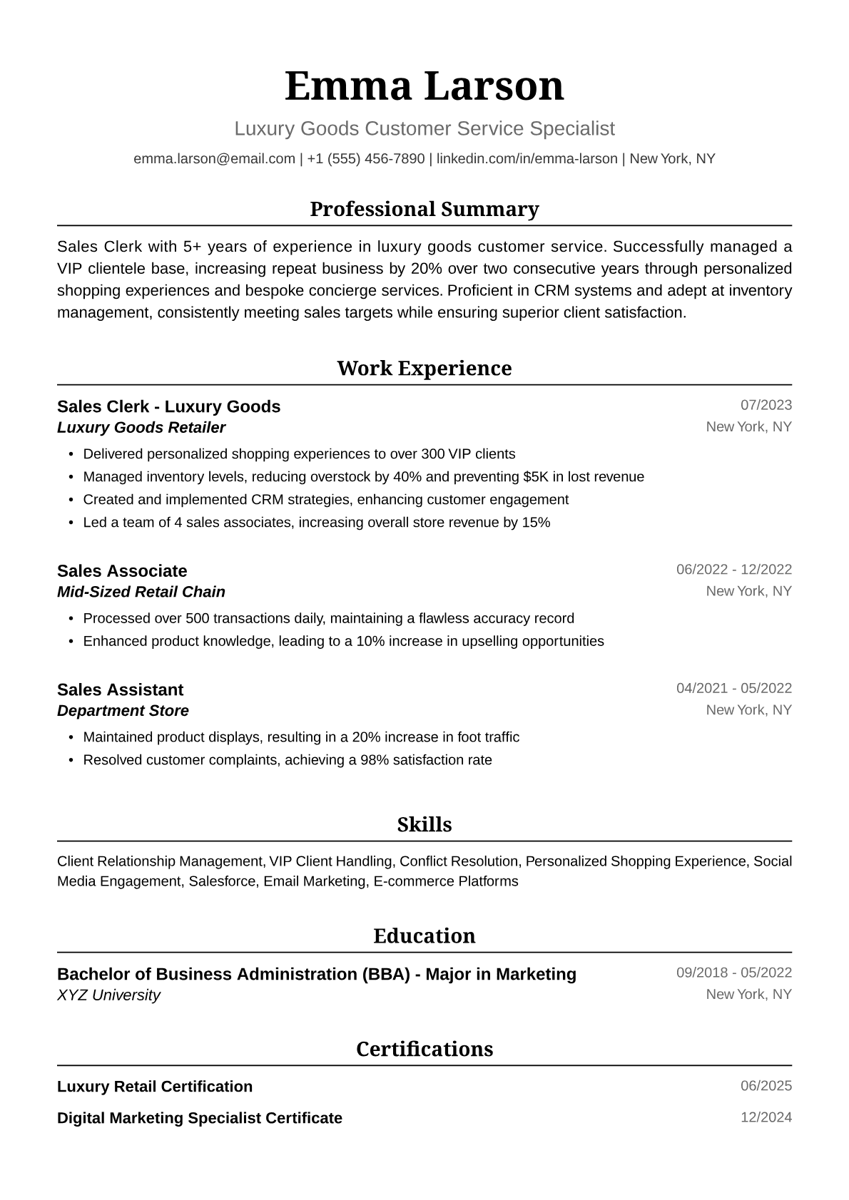 Sales Clerk Resume Example