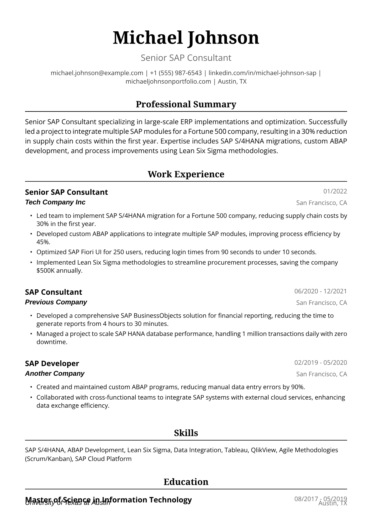 SAP Resume Example