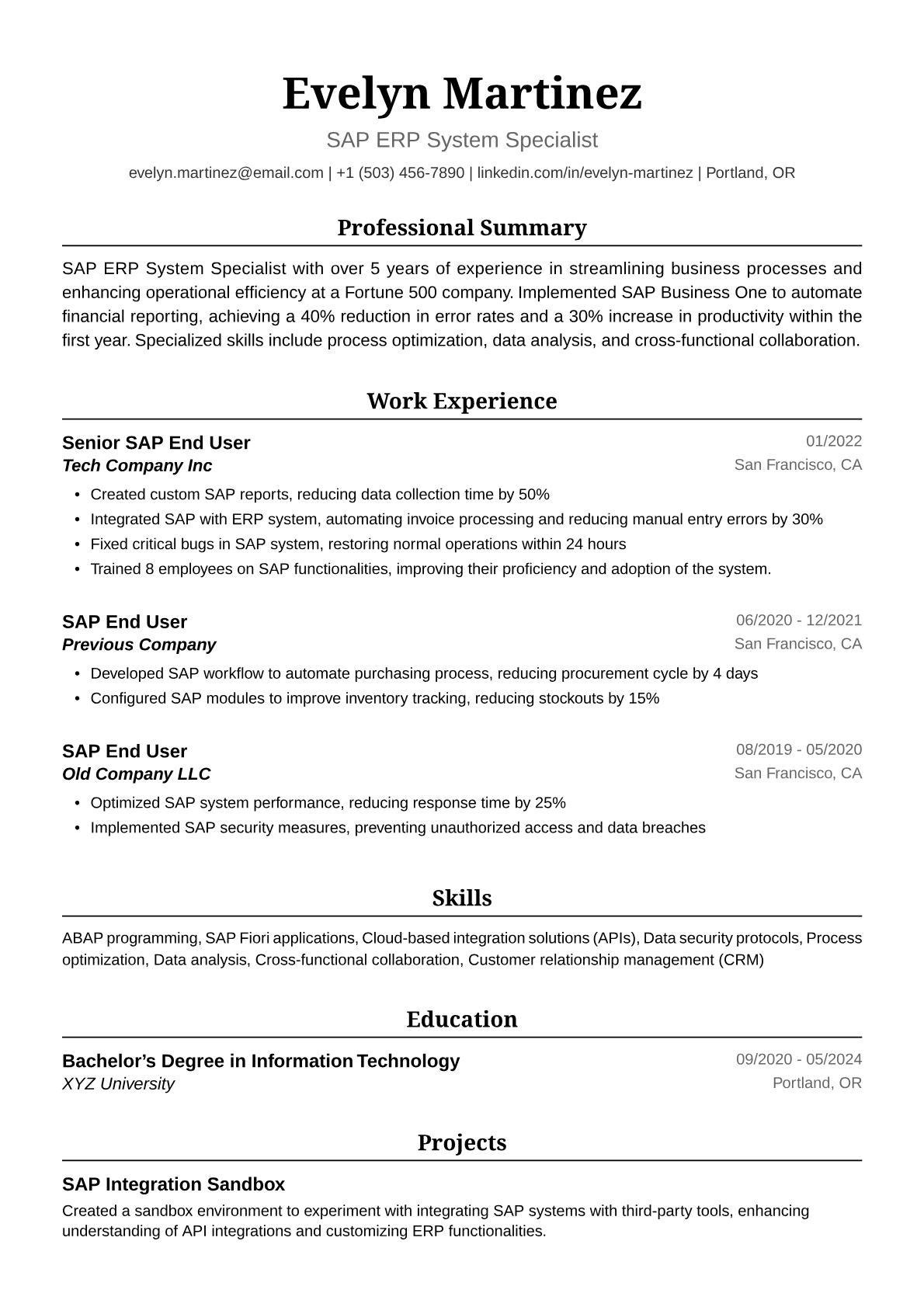 SAP End User Resume Example