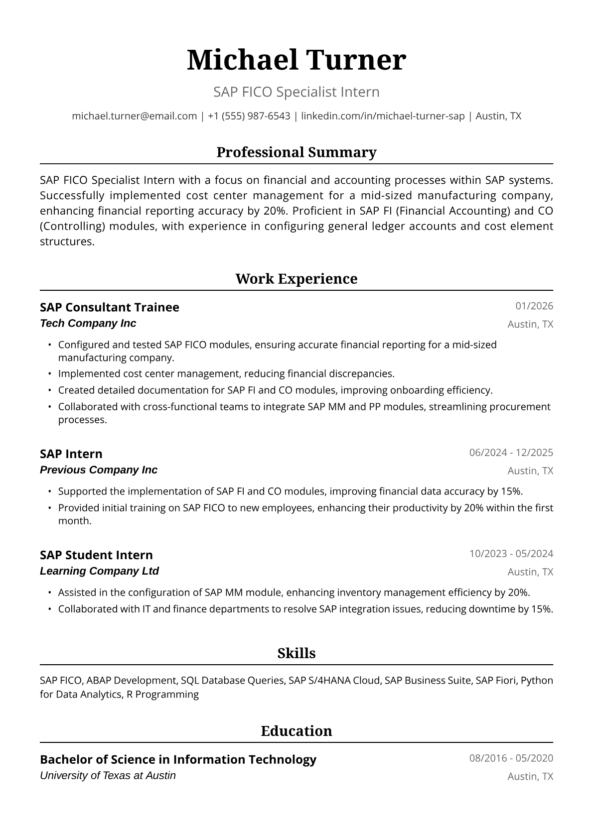 SAP Fresher Resume Example