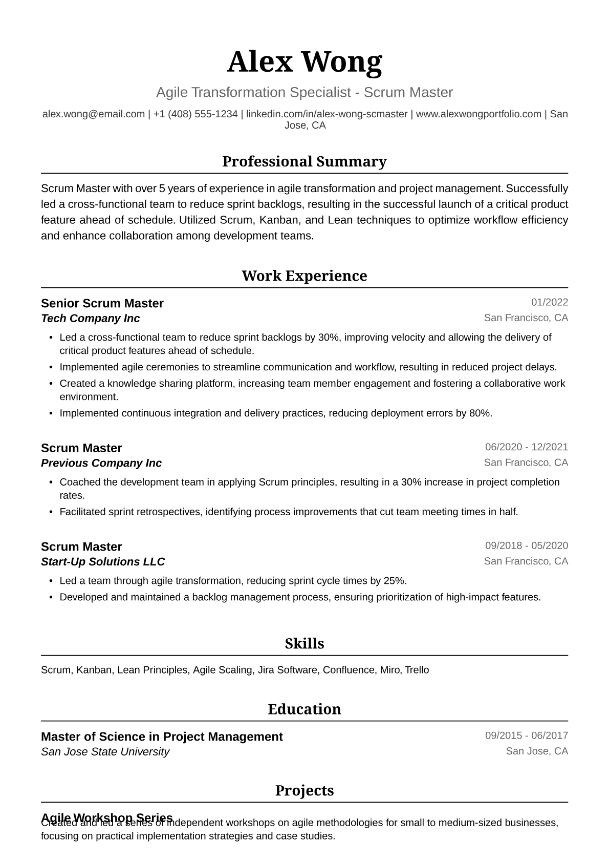 Scrum Master Resume Example