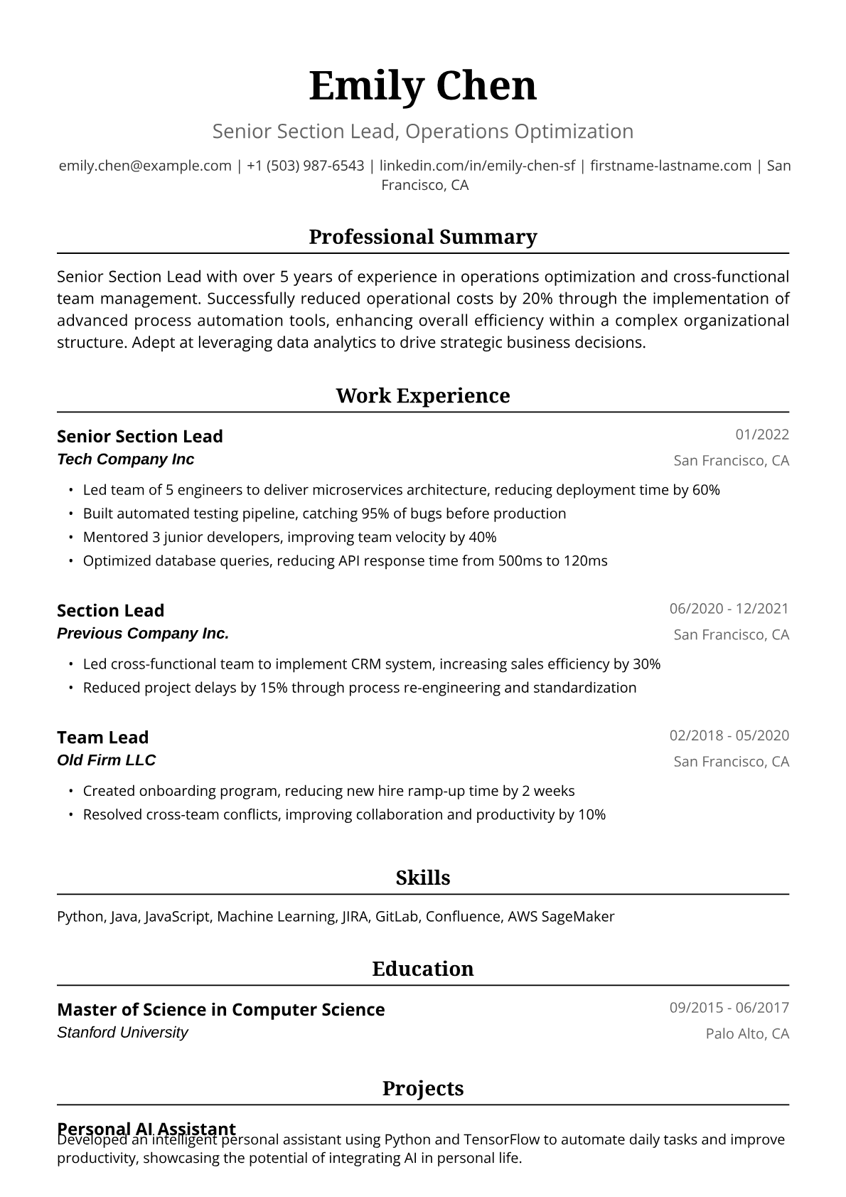 Section Lead Resume Example