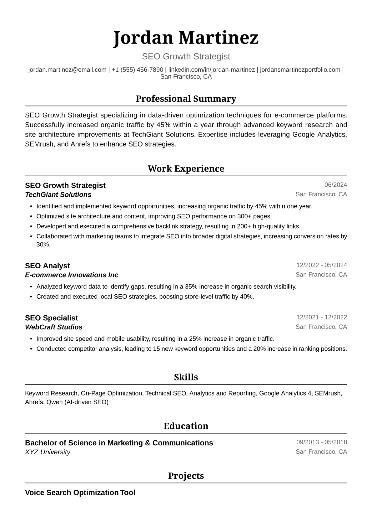 SEO Resume Example