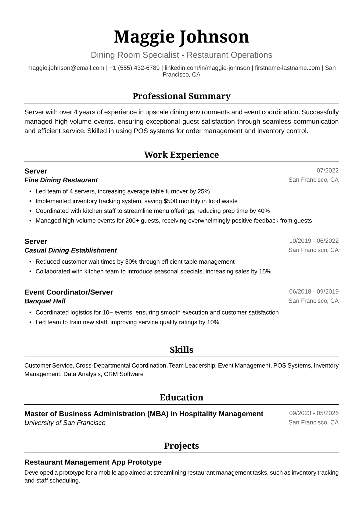 Server Resume Example