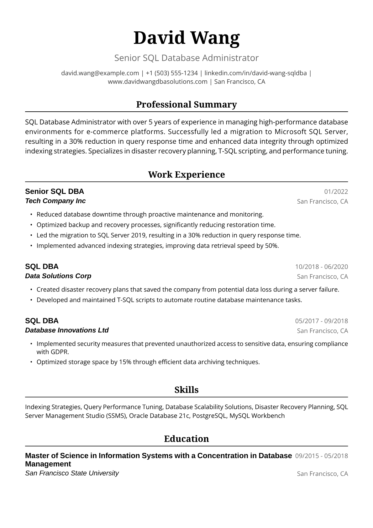 SQL DBA Resume Example