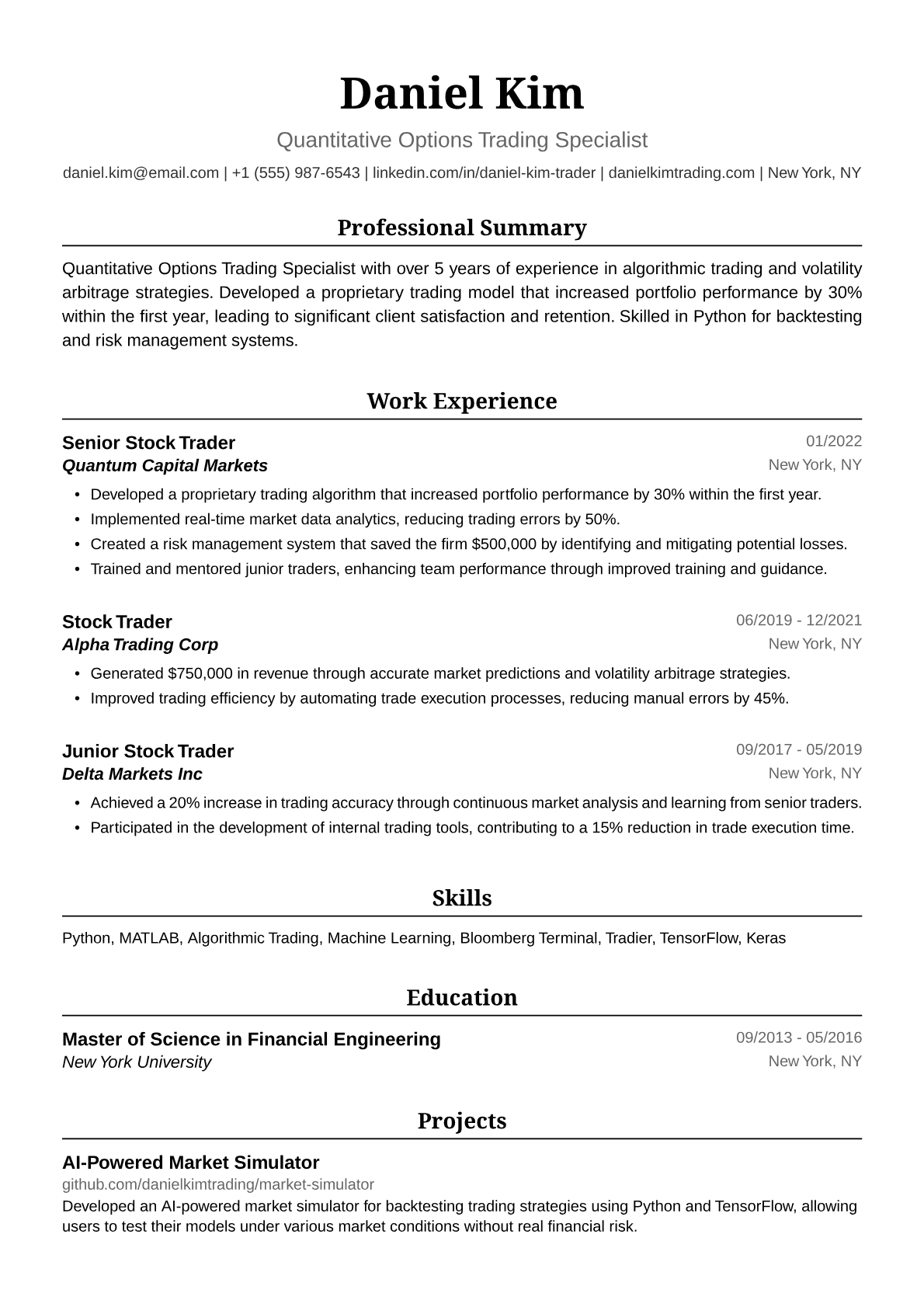 Stock Trader Resume Example