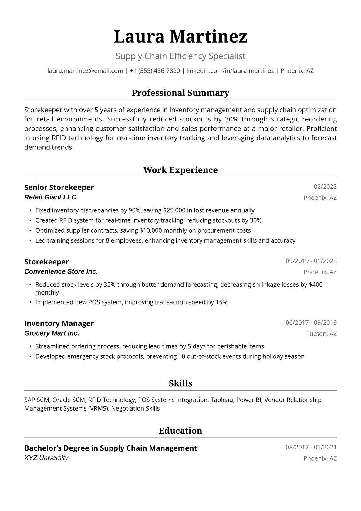 Storekeeper Resume Example