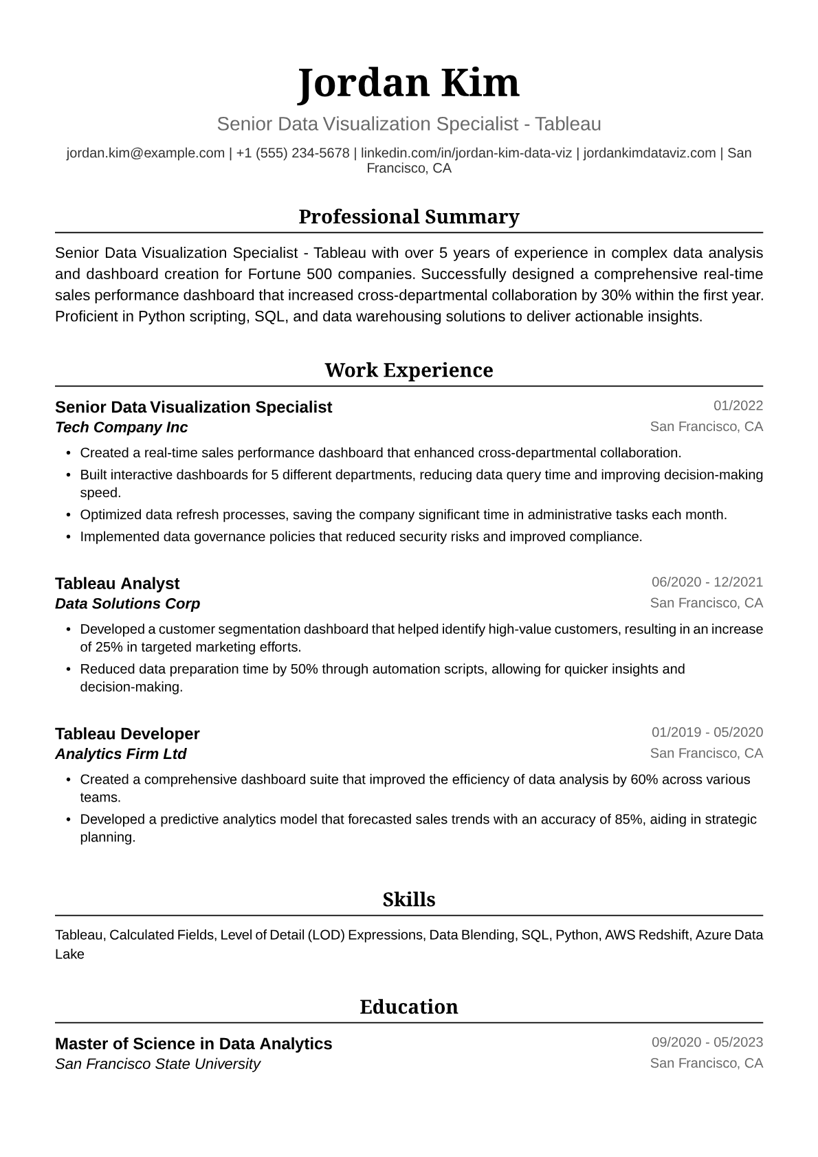 Tableau Resume Example