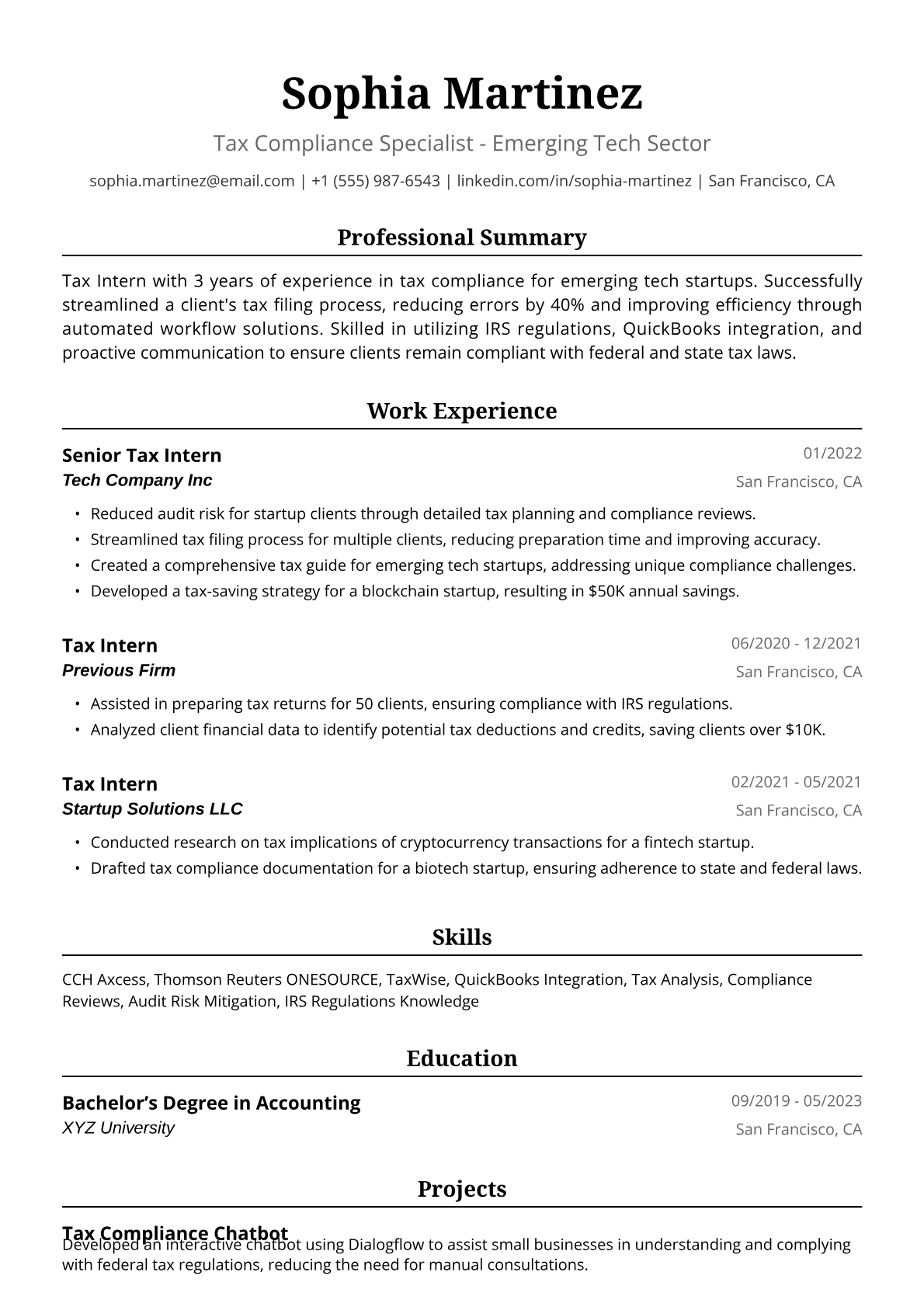 Tax Intern Resume Example