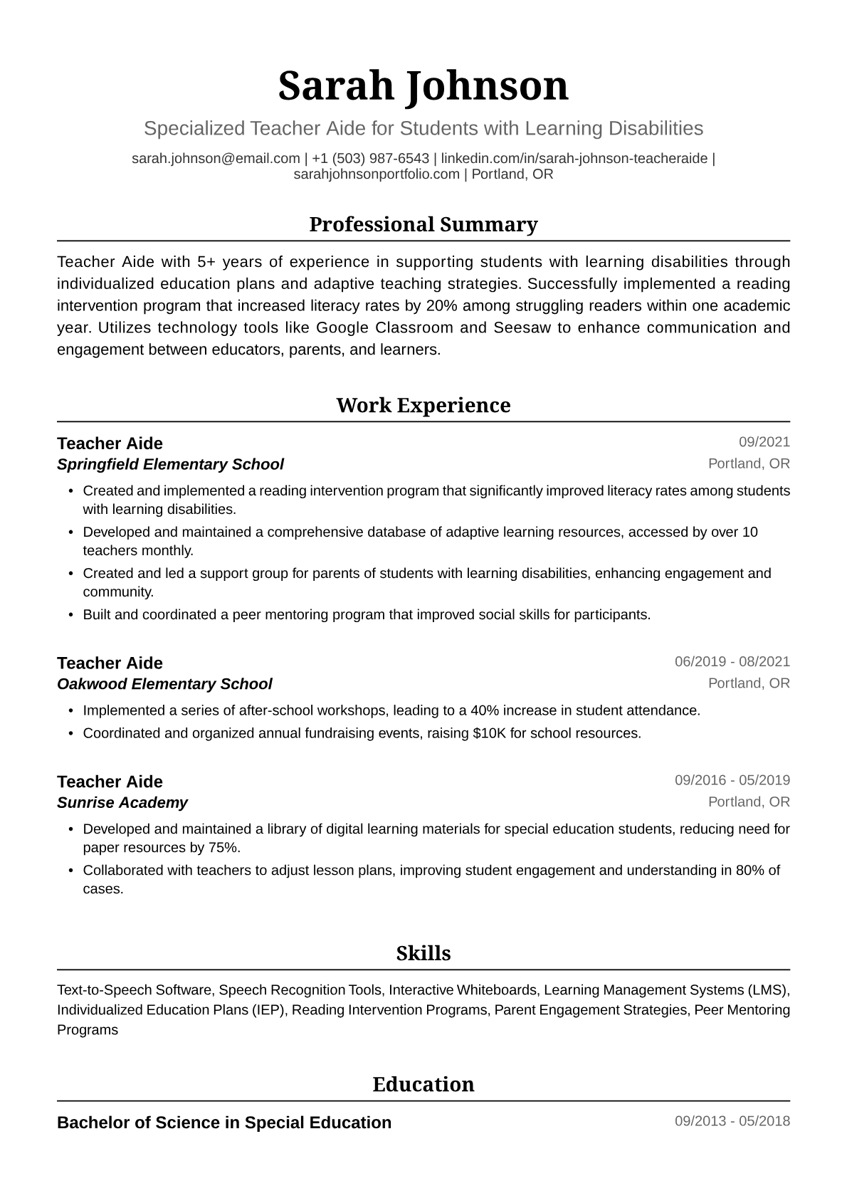 Teacher Aide Resume Example