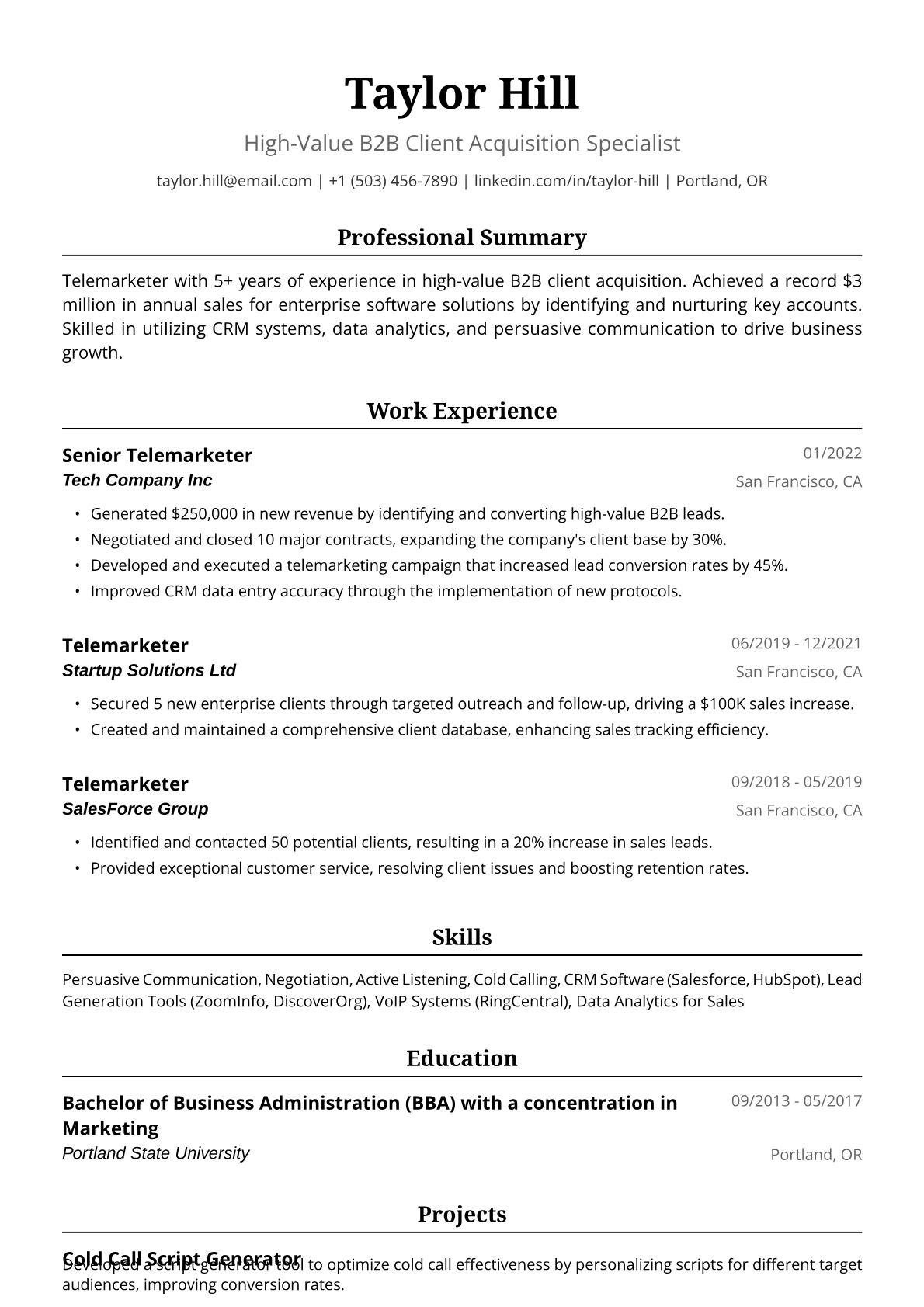 Telemarketer Resume Example